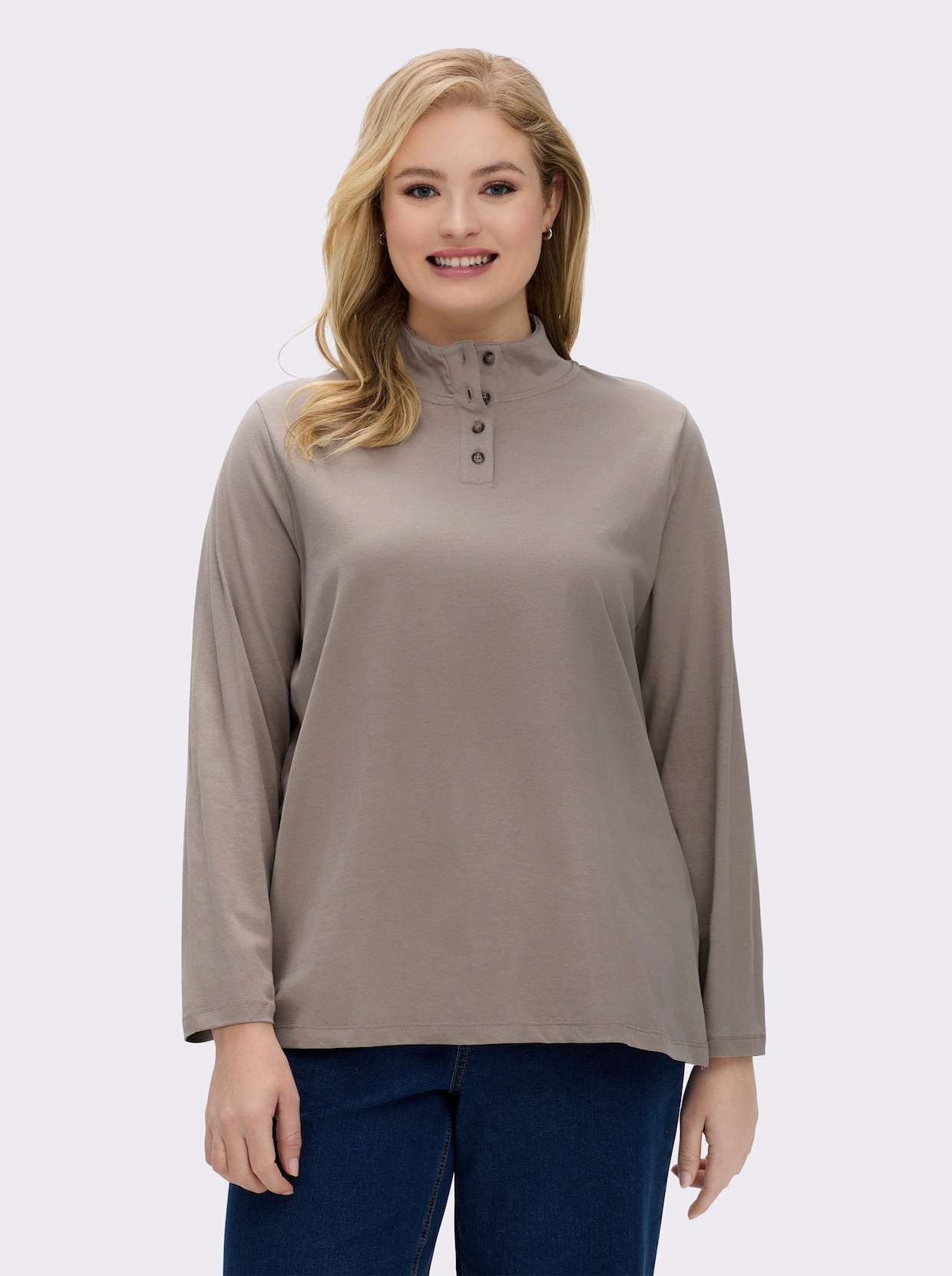 Stehkragenshirt mit Schmuckknöpfen - taupe