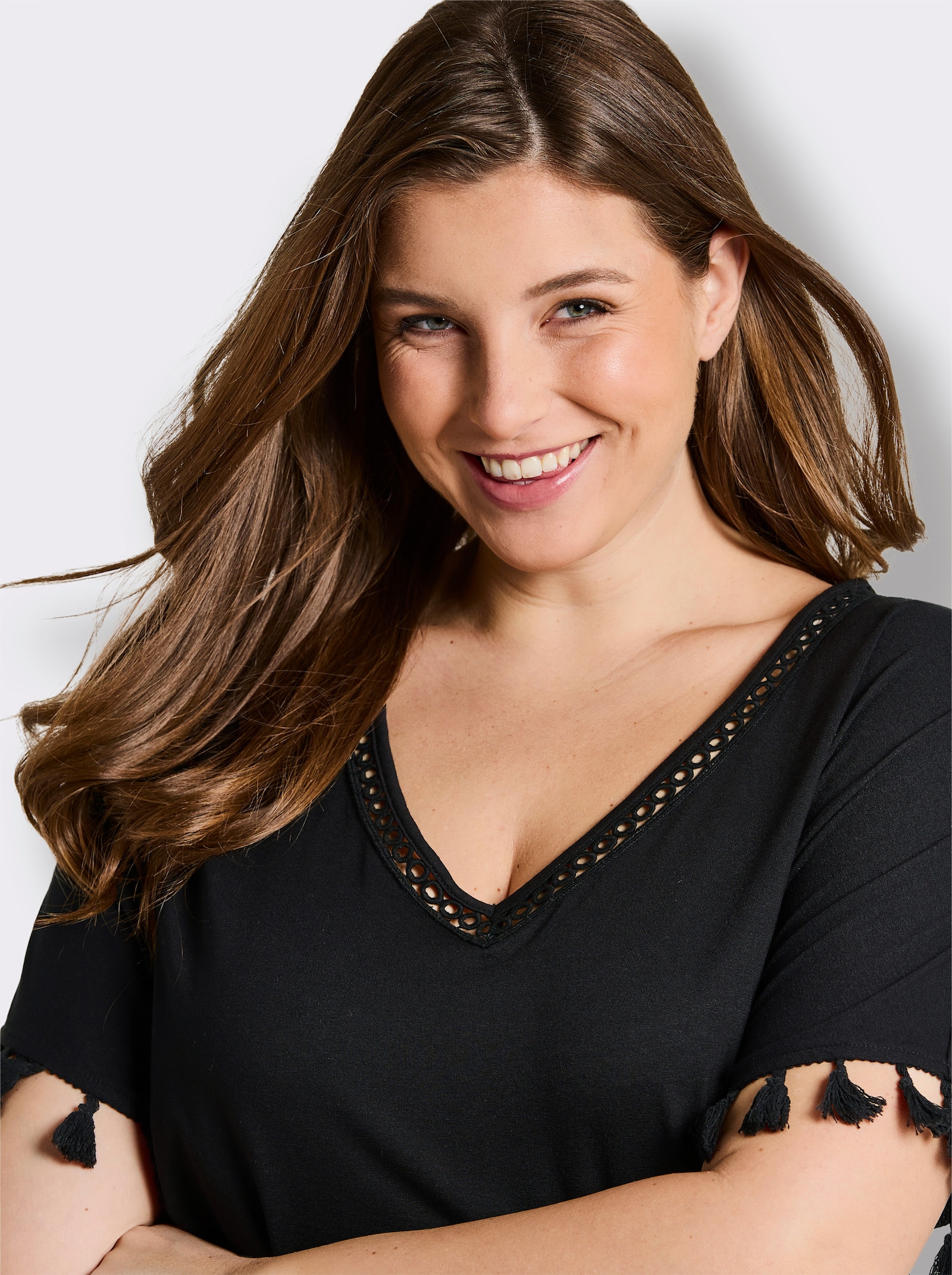 sheego Longshirt mit Quasten - schwarz