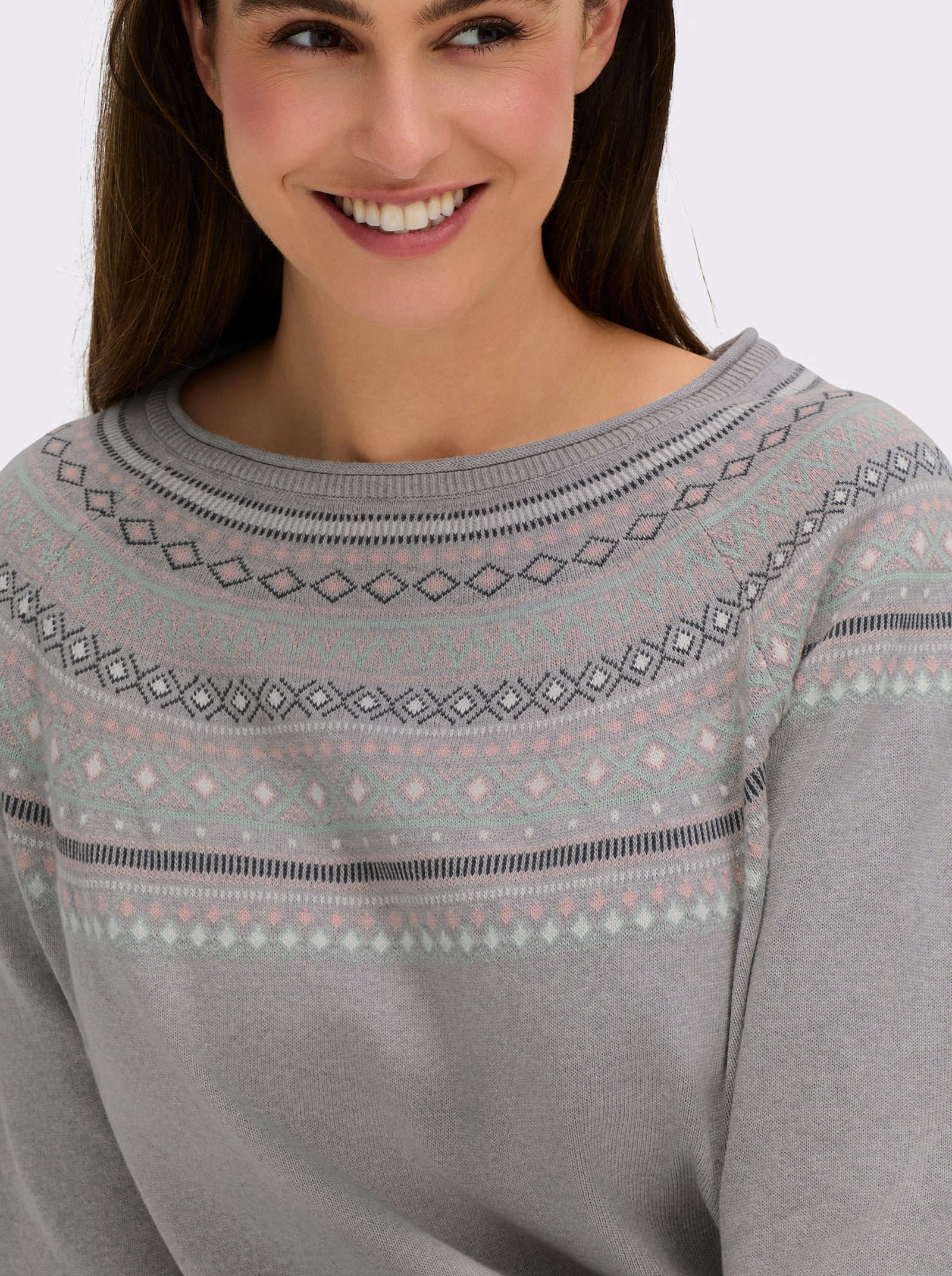 Norwegerpullover aus reiner Baumwolle - grau-meliert-gemustert