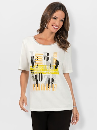 Kurzarmshirt mit silberfarbenen Ziernähten - ecru-limone-bedruckt