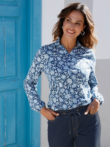 Poloshirt mit floralem Alloverprint - dunkelblau-bedruckt