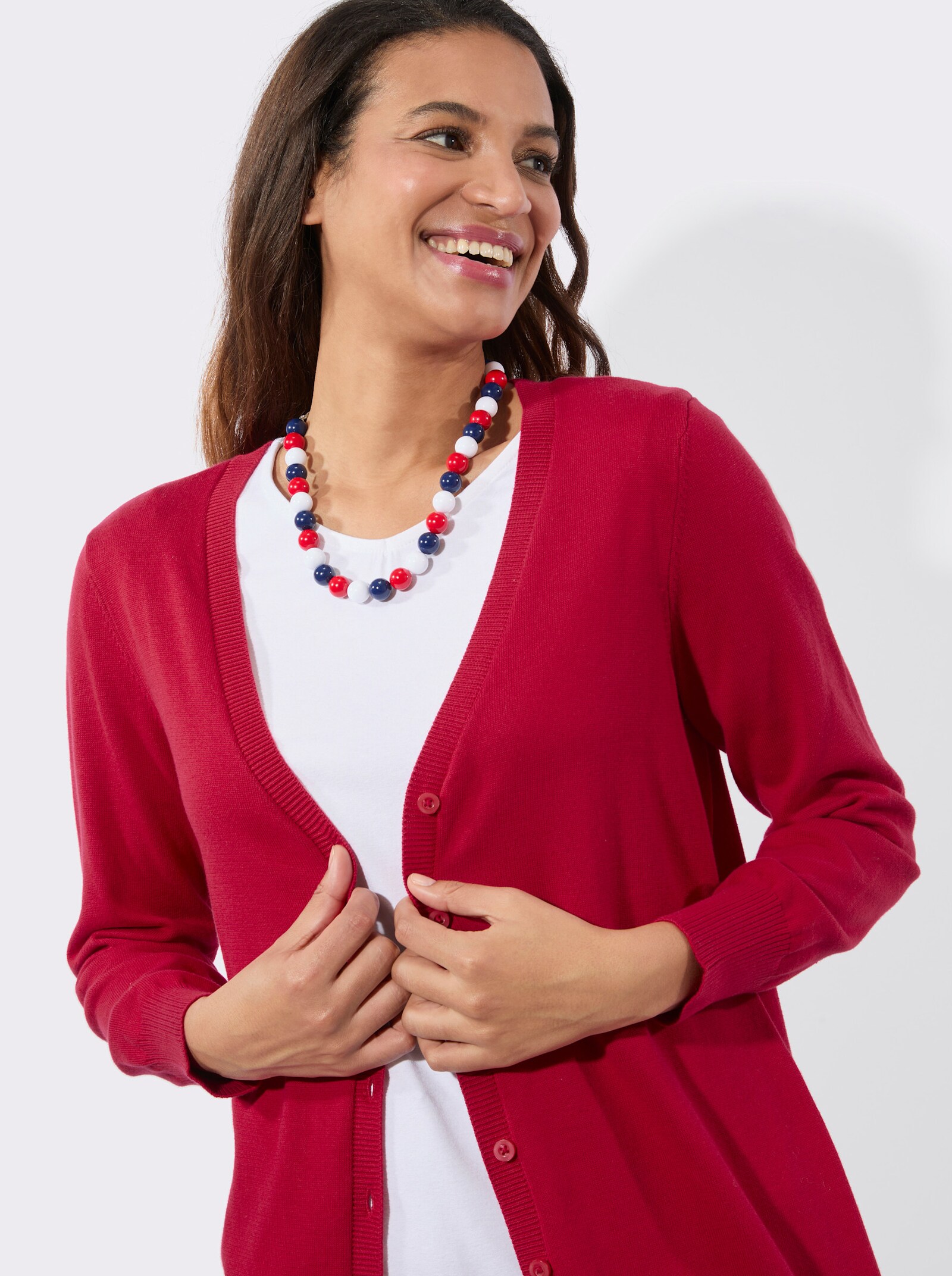 Longstrickjacke mit gerippten Bündchen - rot