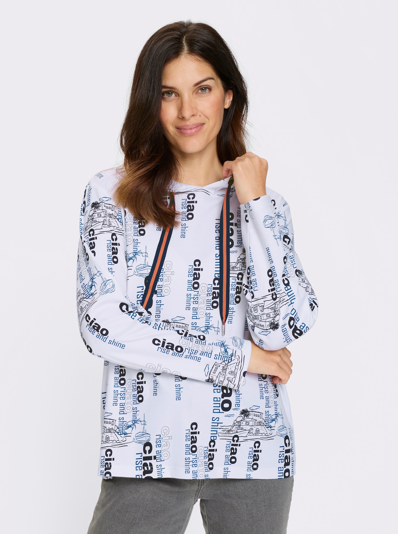 Sweatshirt met maritieme print rondom - wit/marine geprint