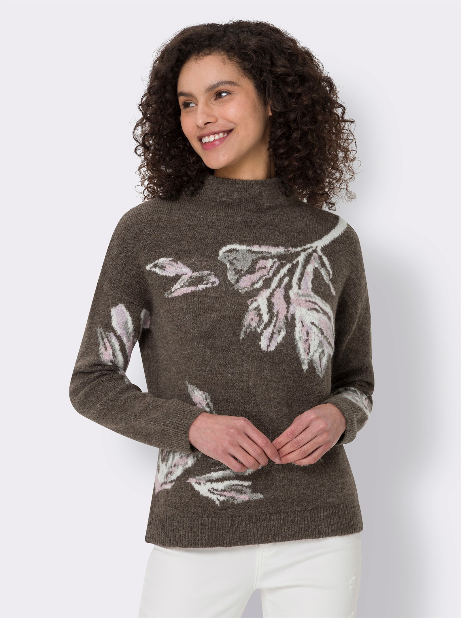 heine Jacquard-Pullover mit Rippbündchen - dunkeltaupe-ecru-gemustert