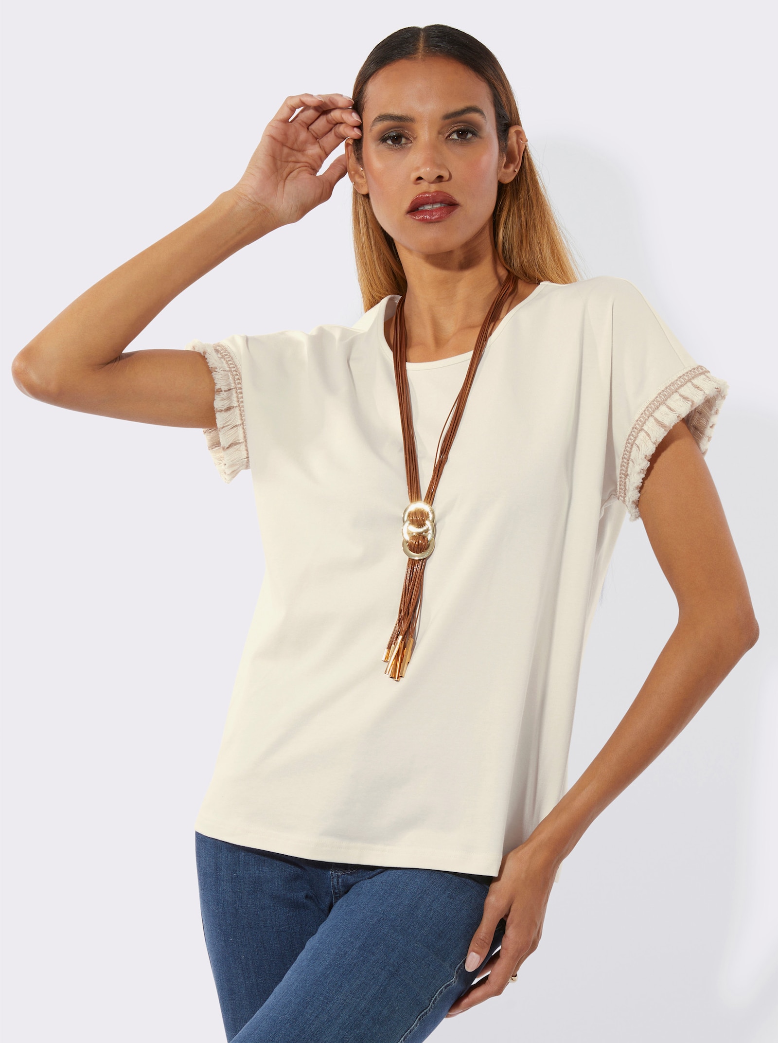 Rundhalsshirt im Baumwoll-Stretch - champagner