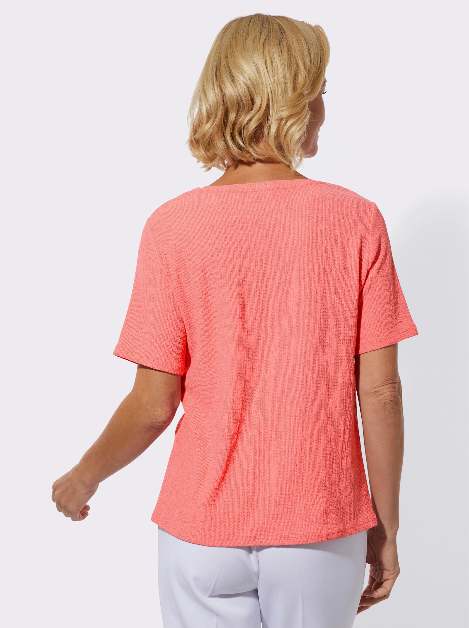 Kurzarmshirt mit Spitzenbesatz - flamingo