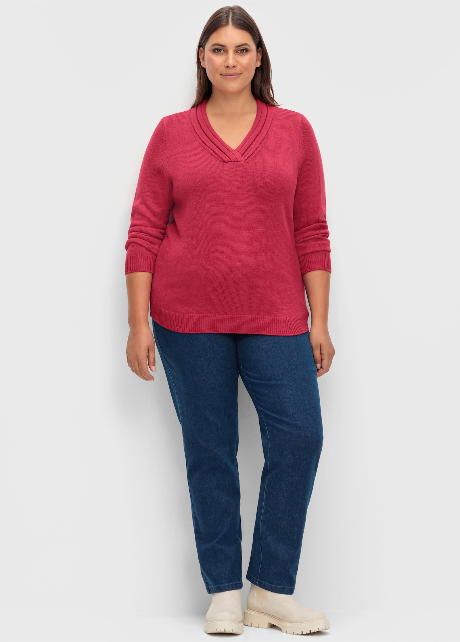 V-Ausschnitt-Pullover mit Rollkante - himbeere