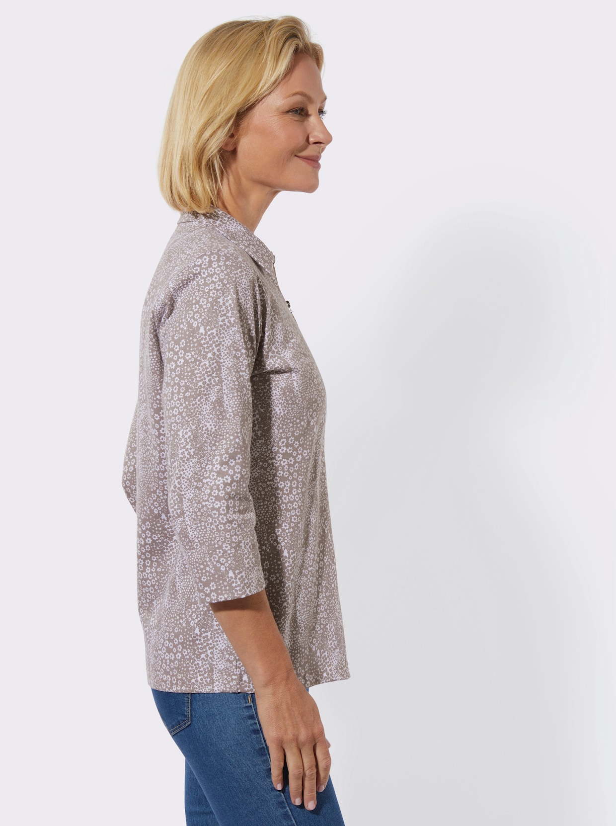 Poloshirt - taupe-weiß-bedruckt
