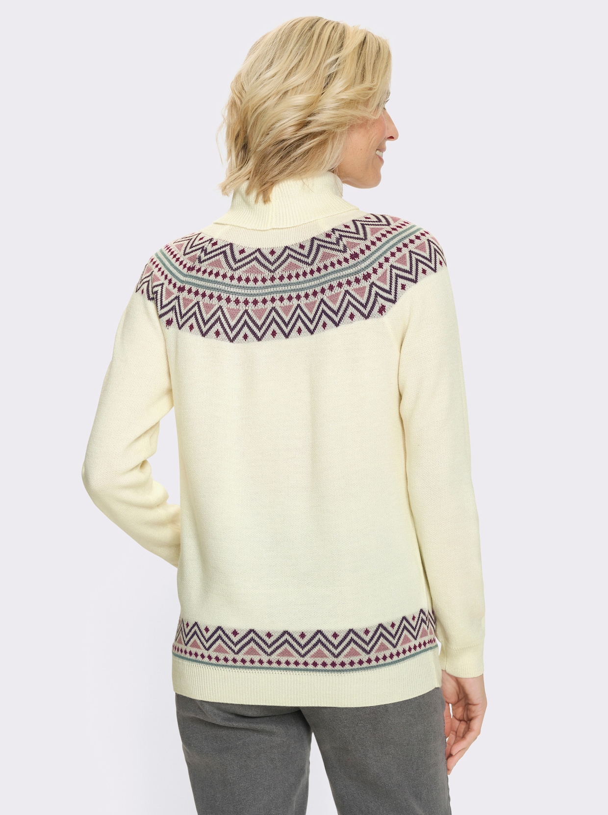 Pullover met rolkraag en Noors patroon - ecru/jade gedessineerd