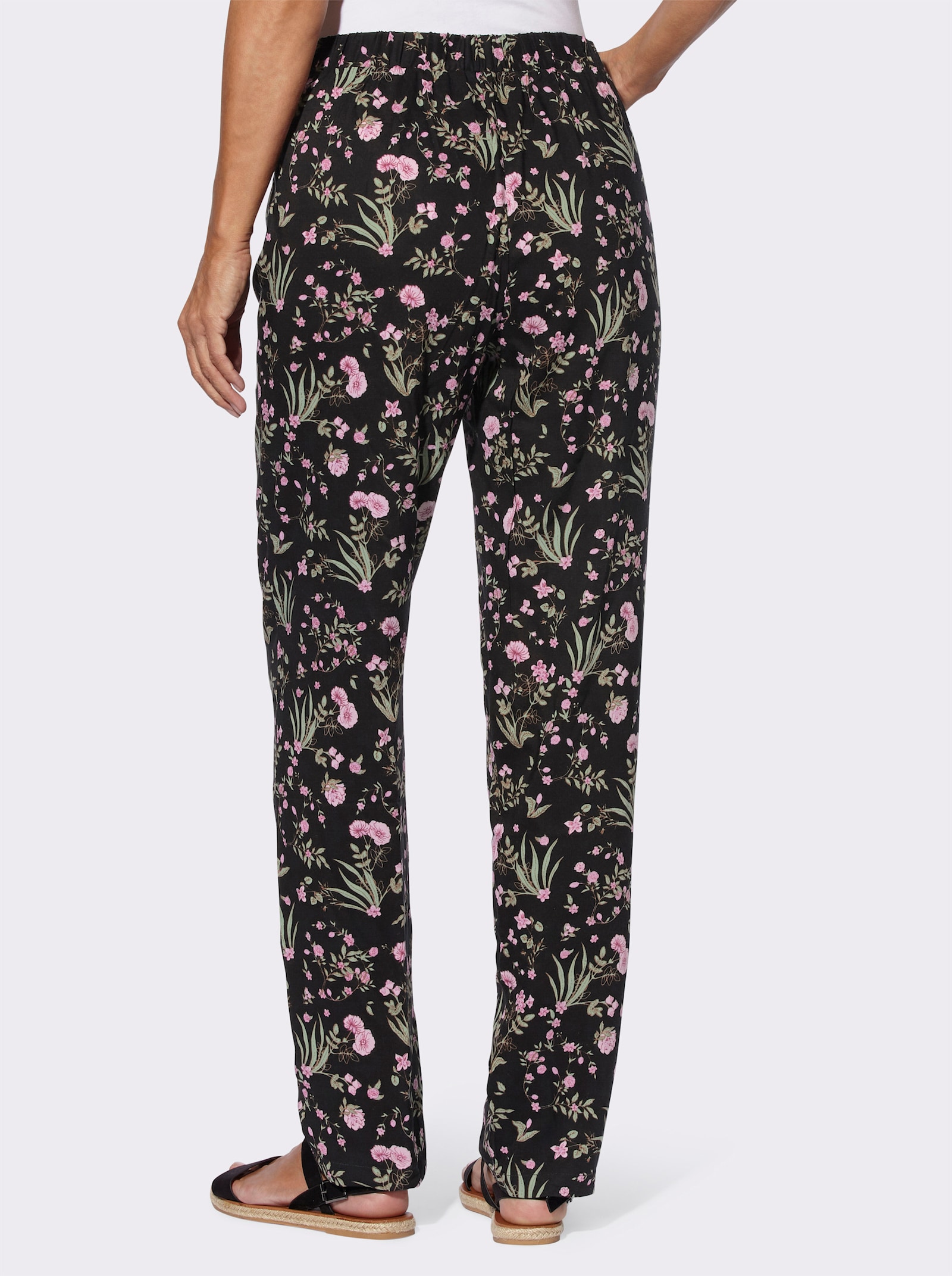 Schlupfhose in Web-Qualität - schwarz-rosé-bedruckt