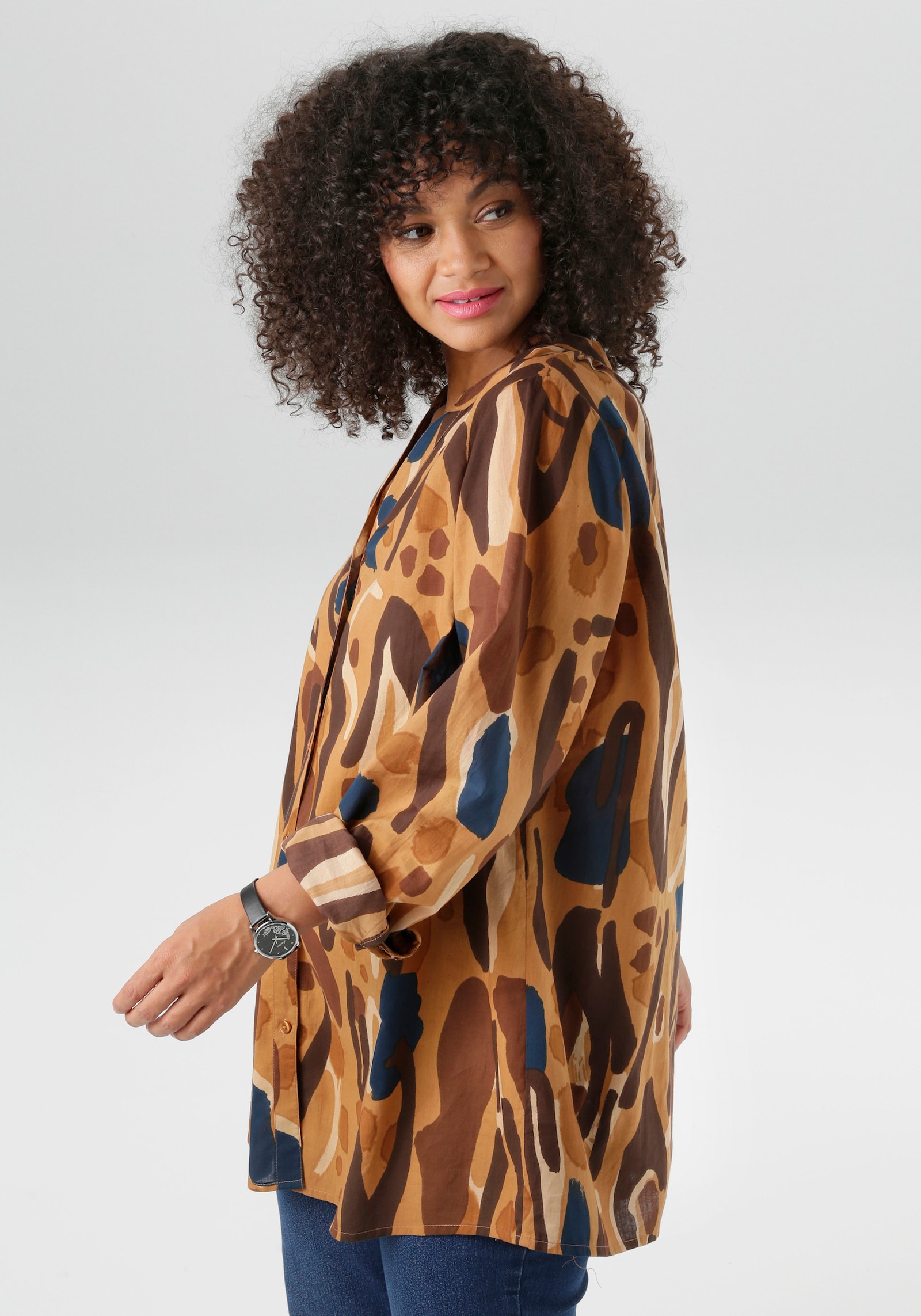 Aniston PLUS Longbluse - beige-blau-braun