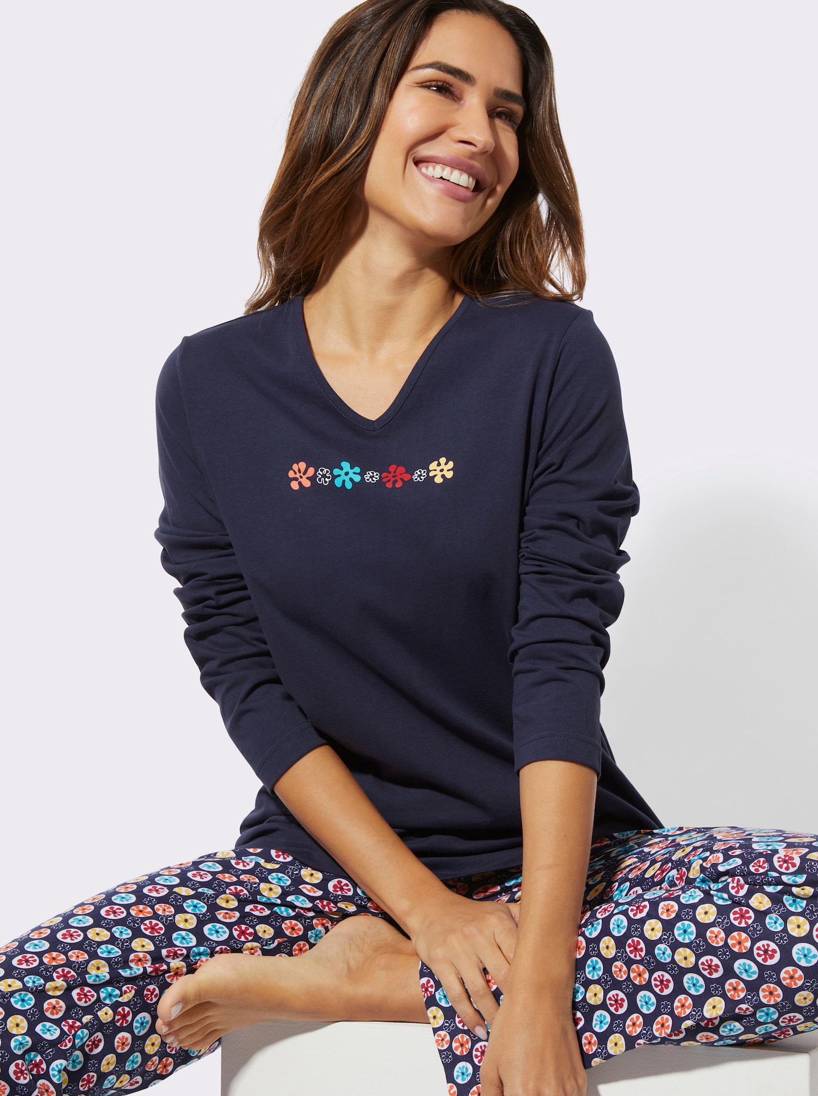 Pyjamas med blomtryck - marin, tryckt