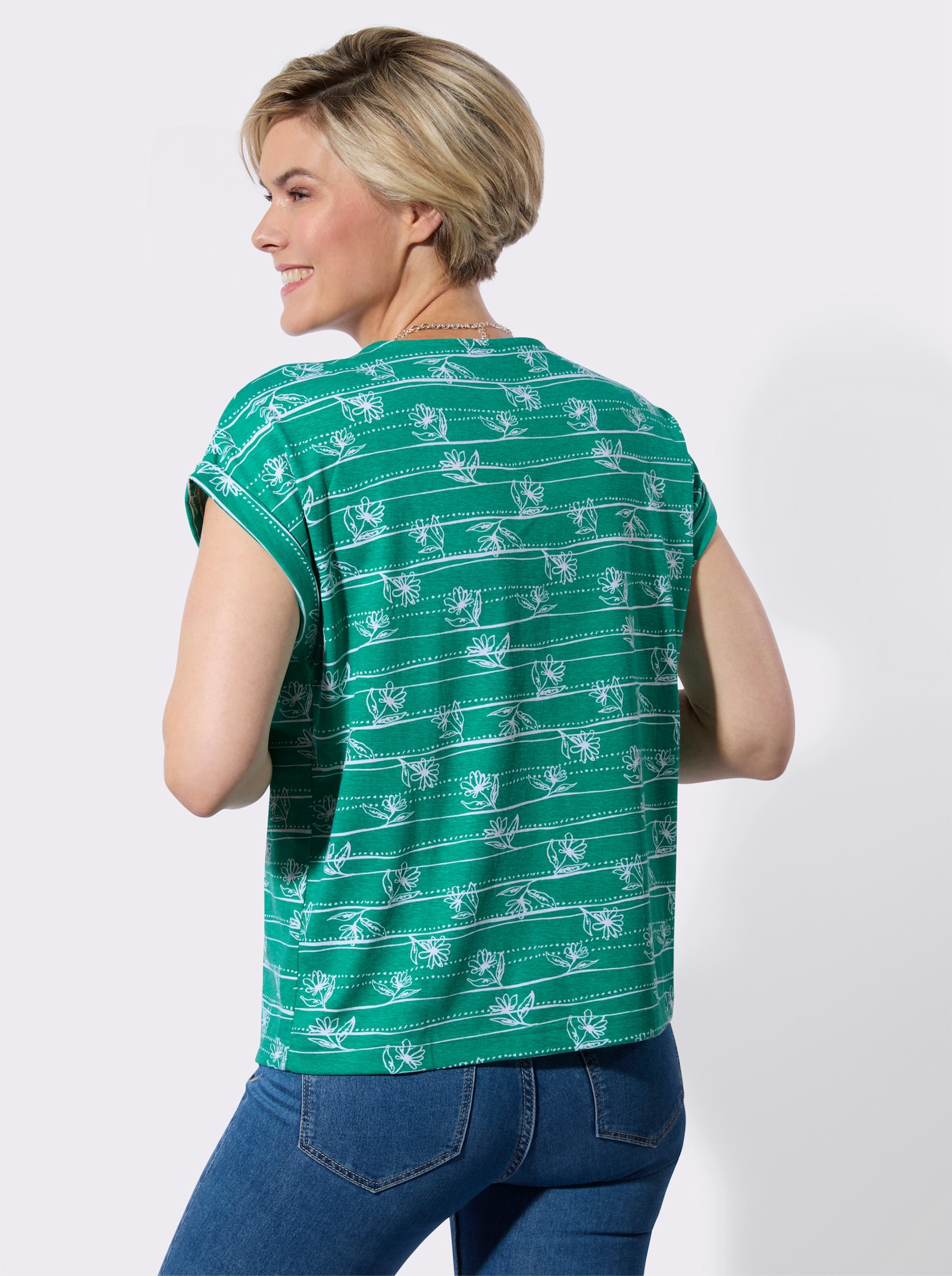 Shirt mit überschnittenen Schultern - smaragd-weiß-bedruckt