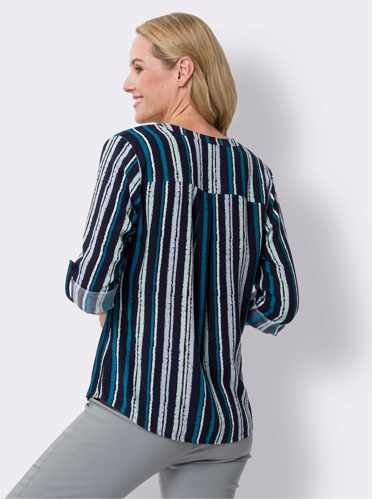 Comfortabele blouse - kalkmint/petrol gestreept