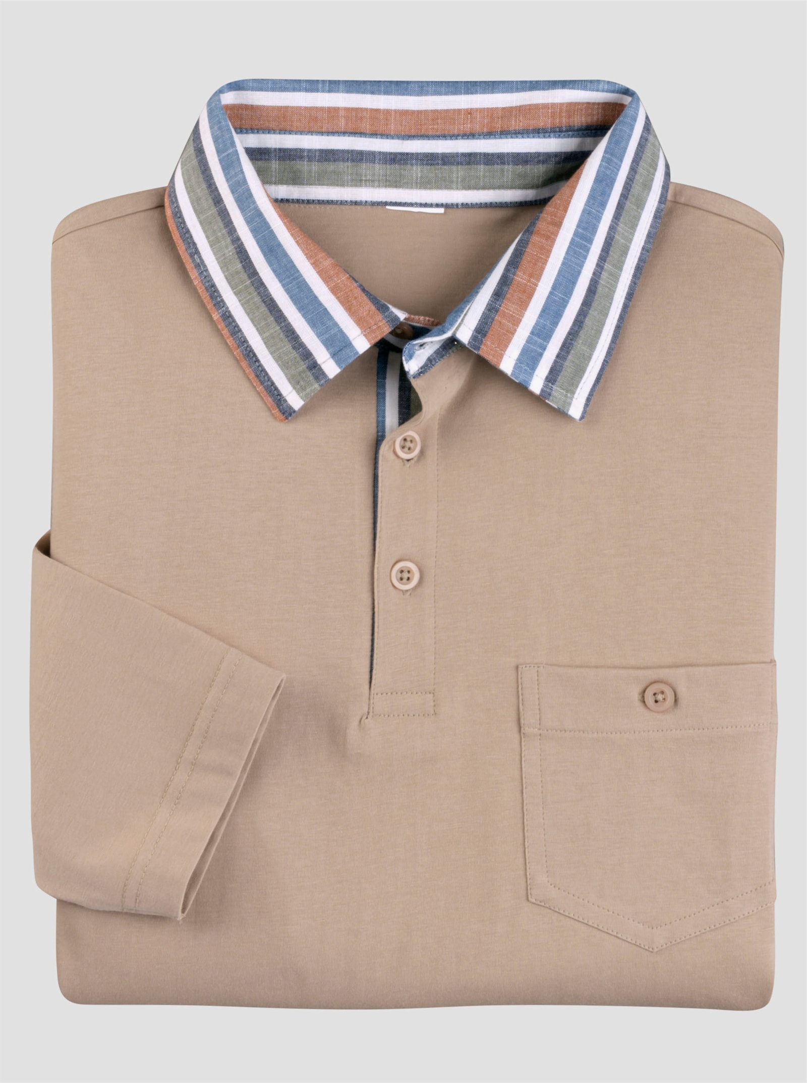 Langarm-Poloshirt mit gewebtem Kragen - beige