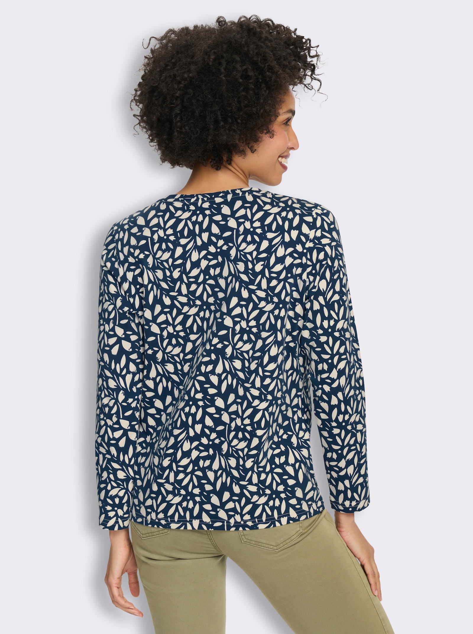 heine Langarmshirt mit Blätter-Dessin - dunkelblau-champagner-bedruckt