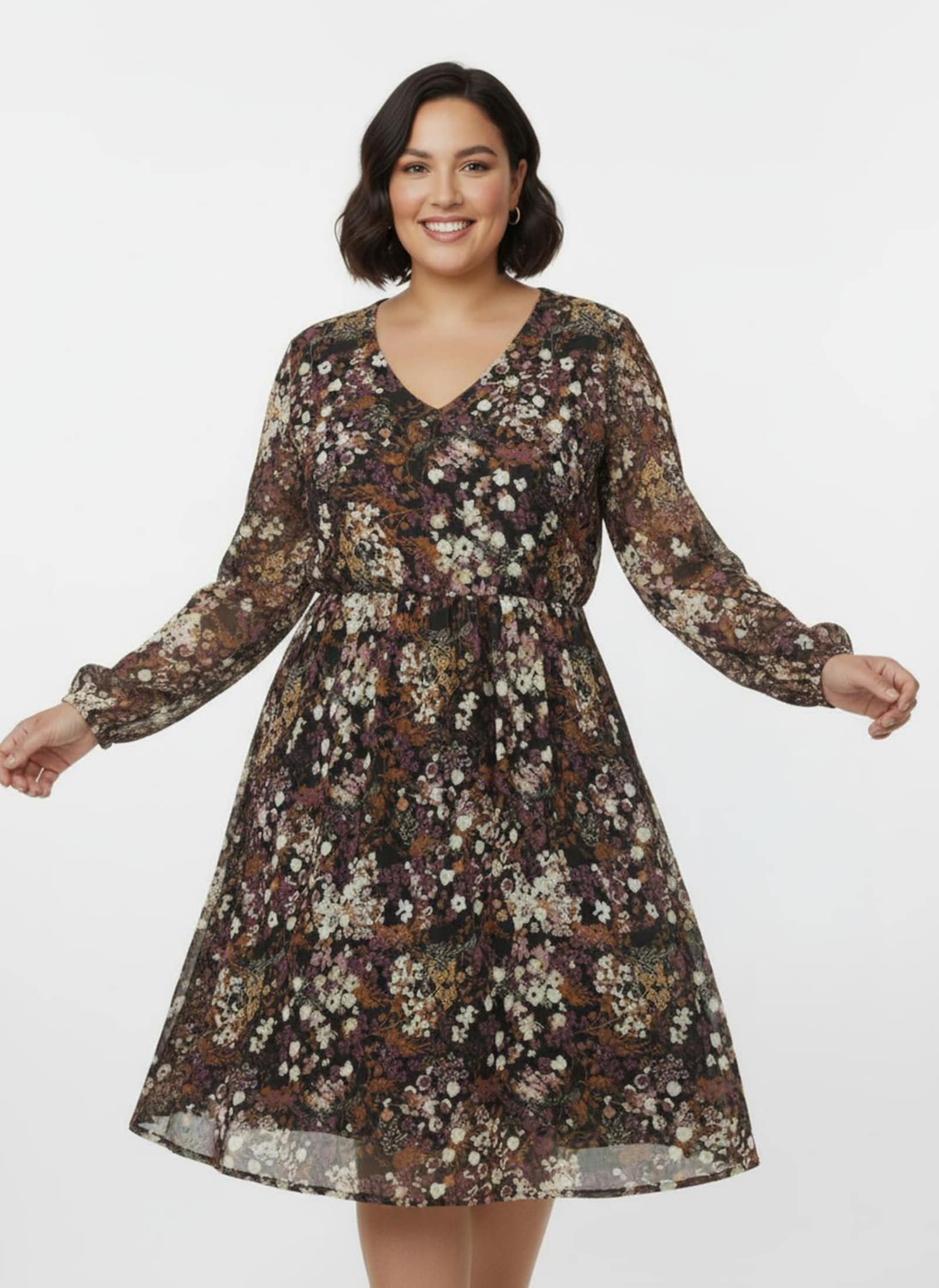 Druckkleid mit Smokabschluss an den Ärmeln - schwarz-bedruckt