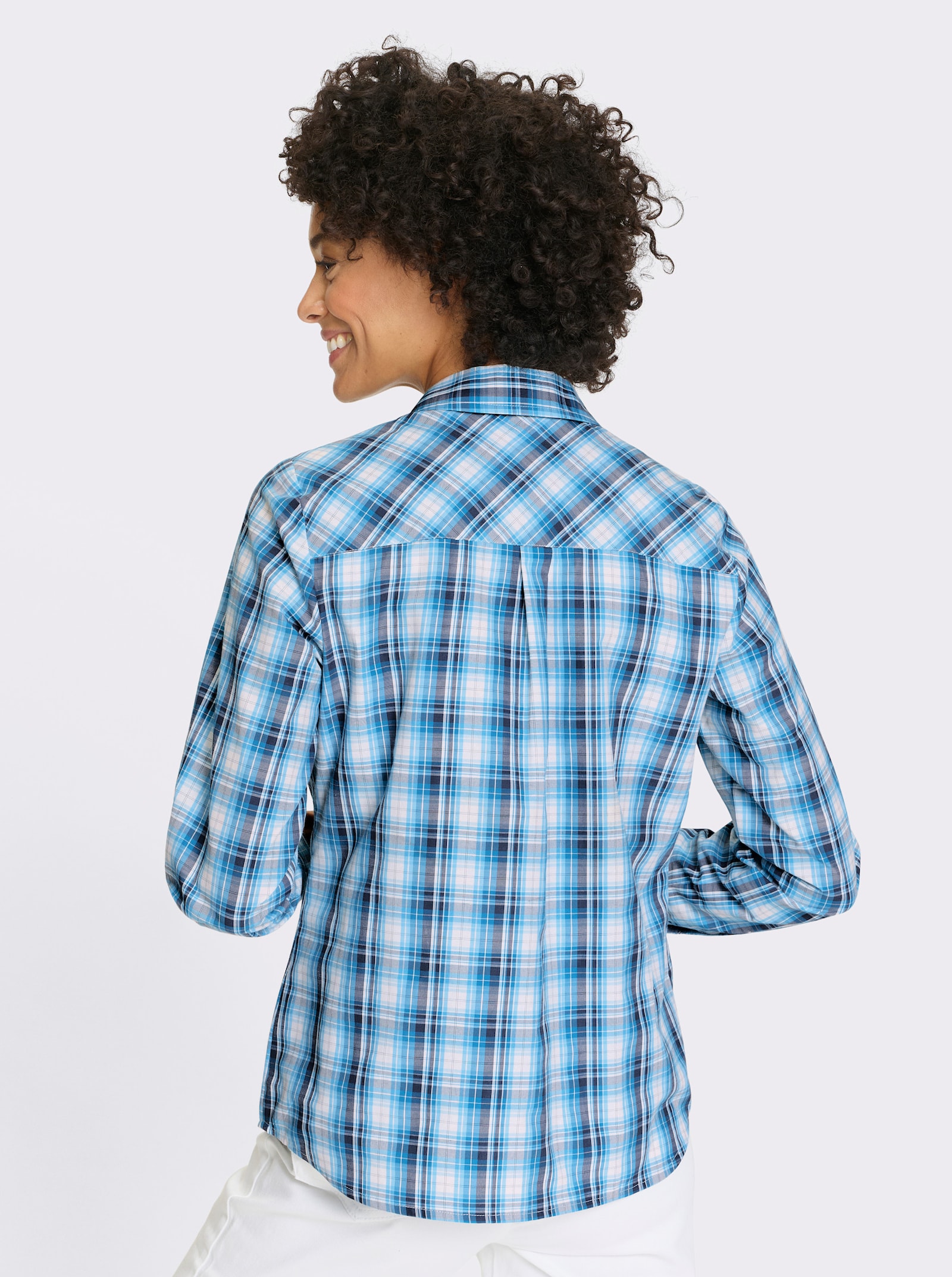 Kostkovaná halenka s náprsními kapsami s patkou - tyrkysová-bílá-kostka