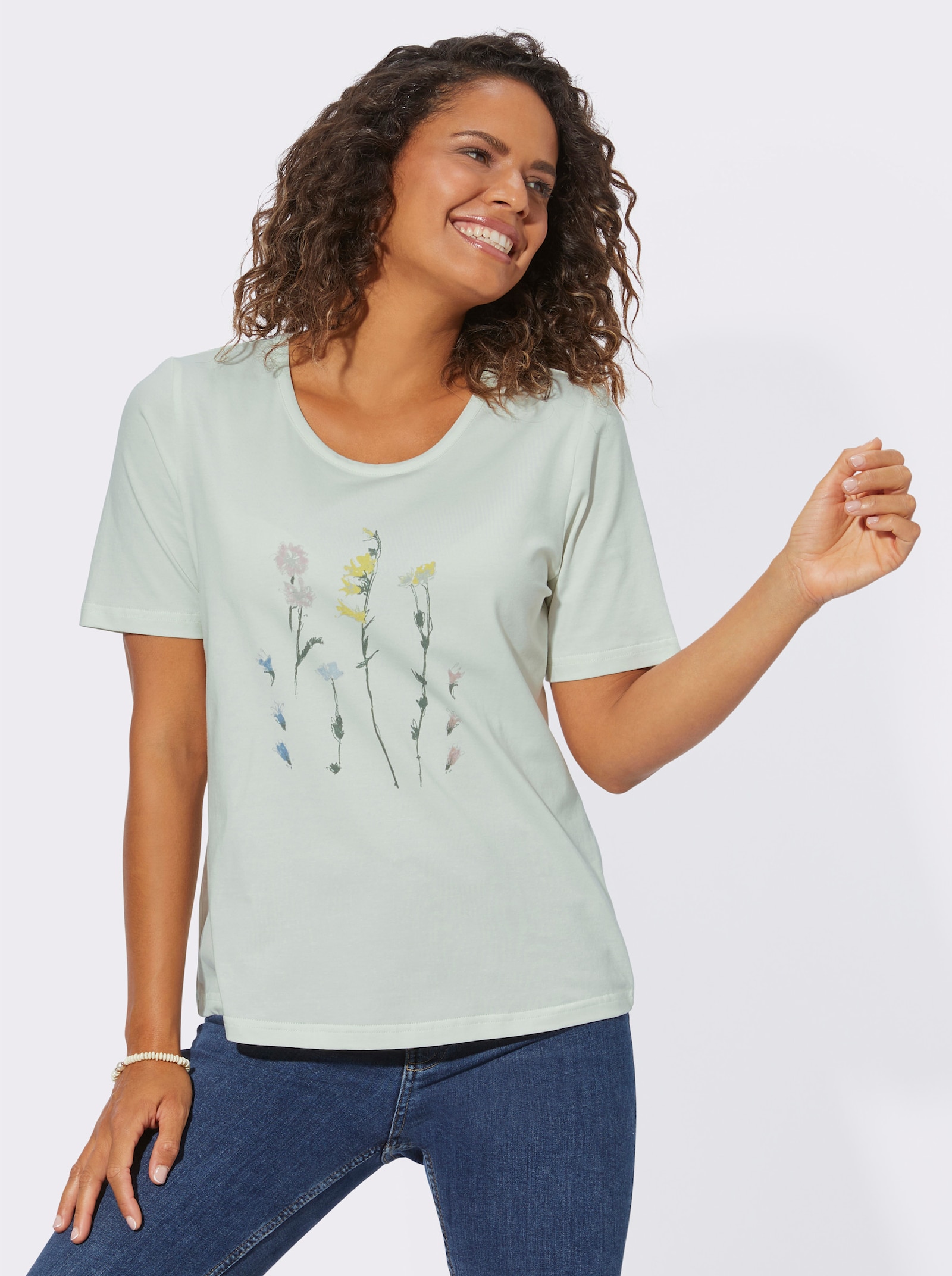 Tričko, okrúhly výstrih, kvetový motív - Jemná mät.