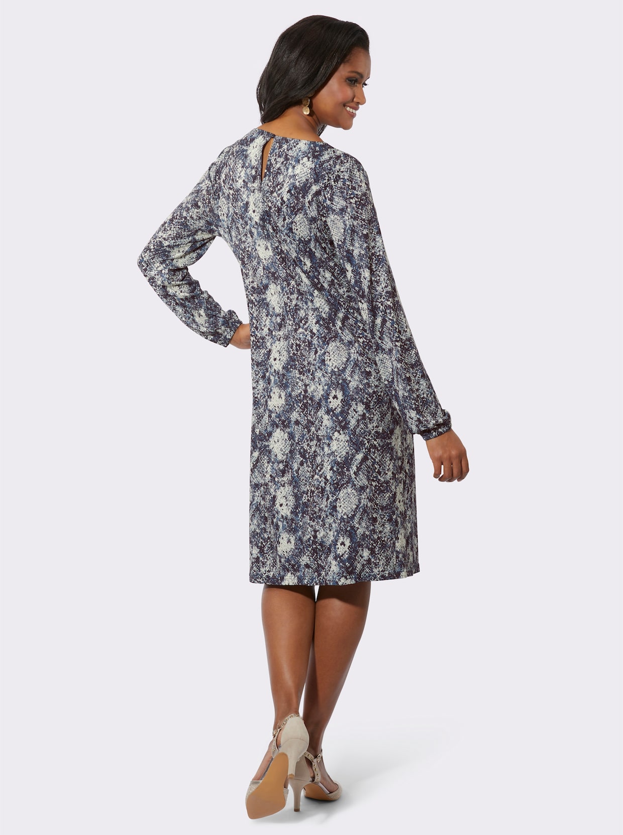 Jerseykleid - champagner-rauchblau-bedruckt