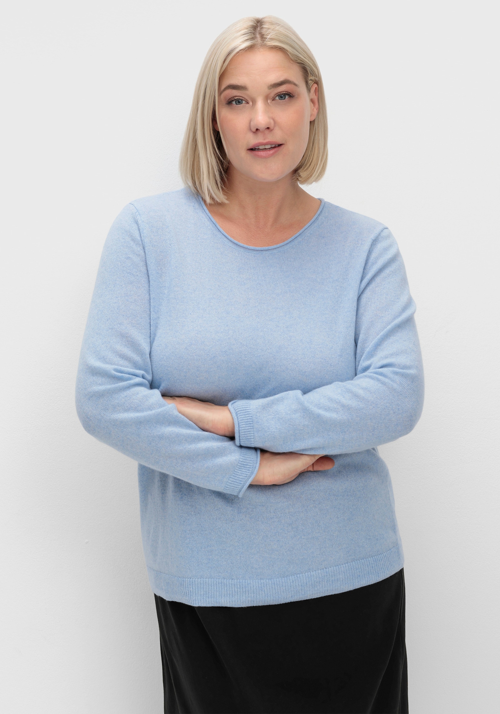 Kaschmirpullover mit Rollkanten - blau-meliert