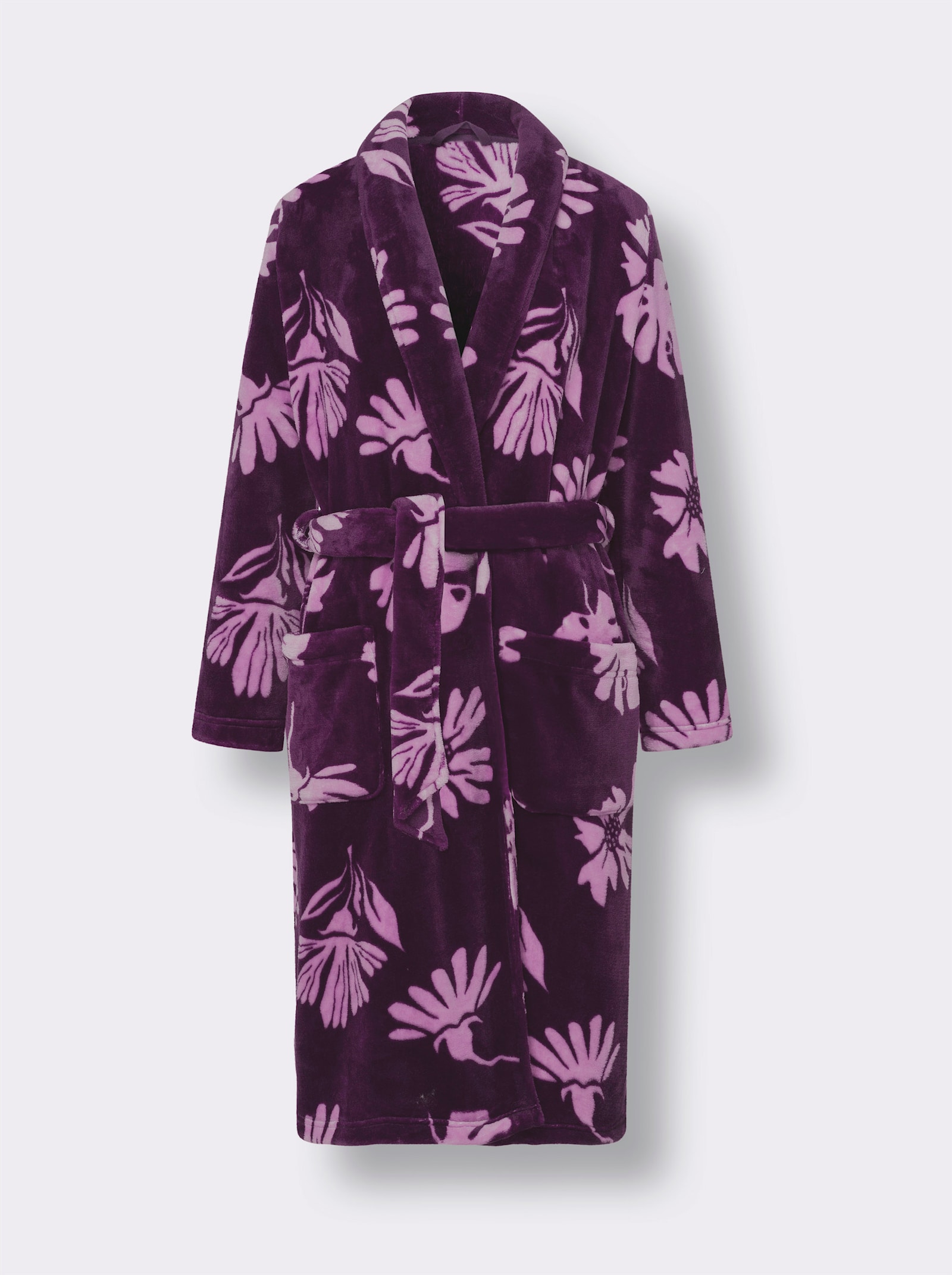 Morgonrock i fleecematerial - druva-orkidé-med tryck