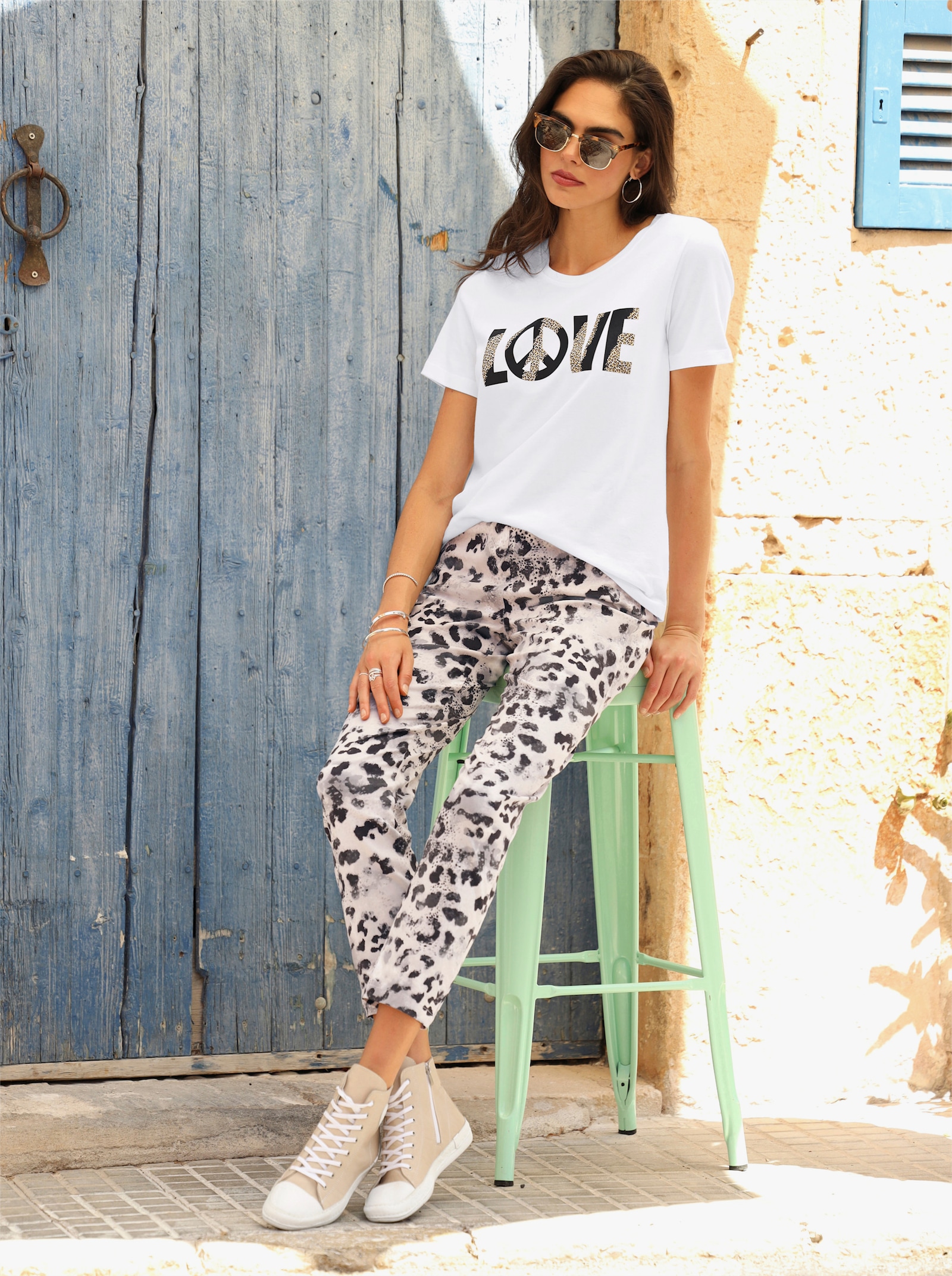 heine Druckhose mit elastischem Bund - sand-schwarz-bedruckt