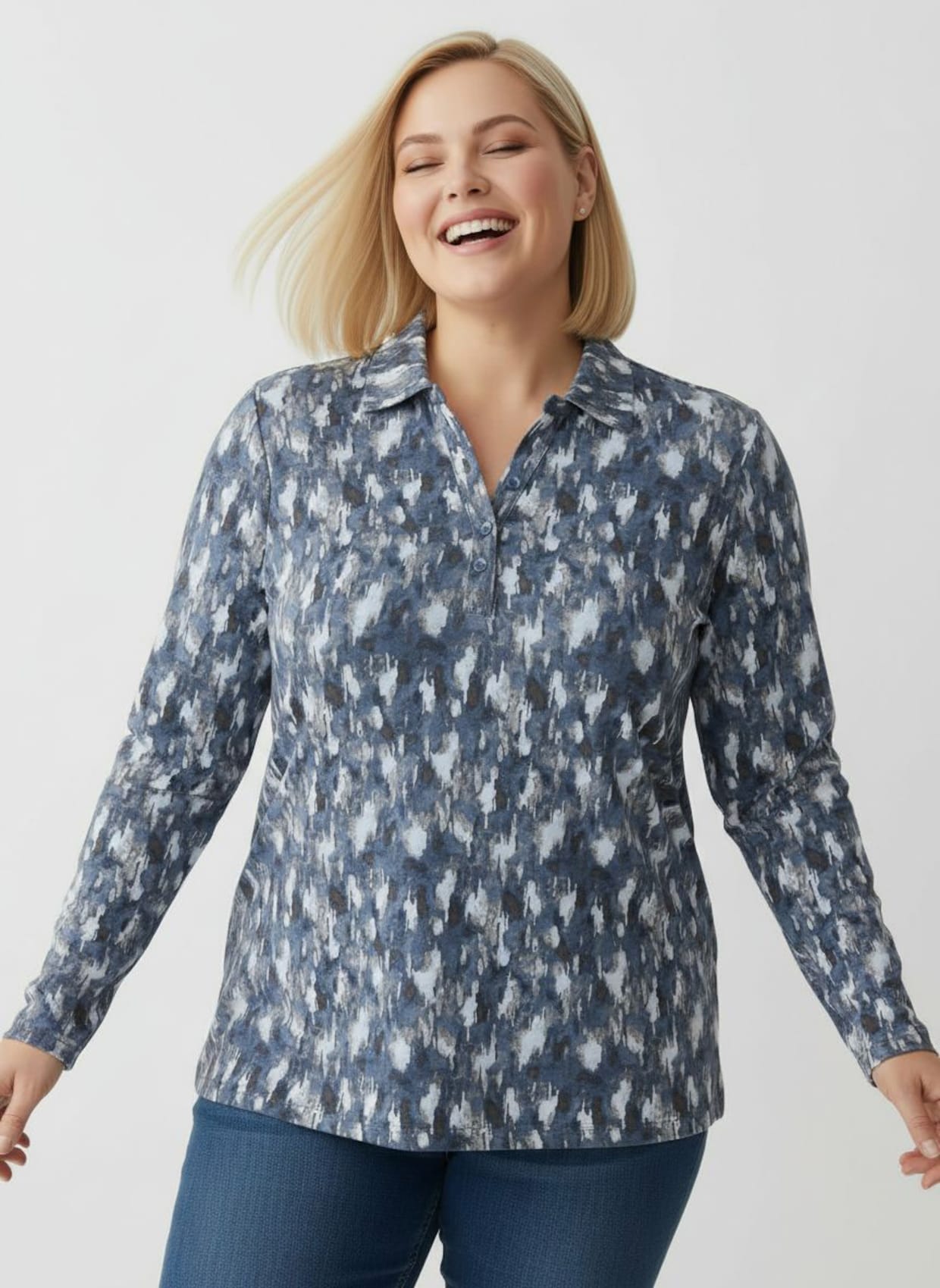 Poloshirt mit kurzer Knopfleiste - rauchblau-graphit-bedruckt