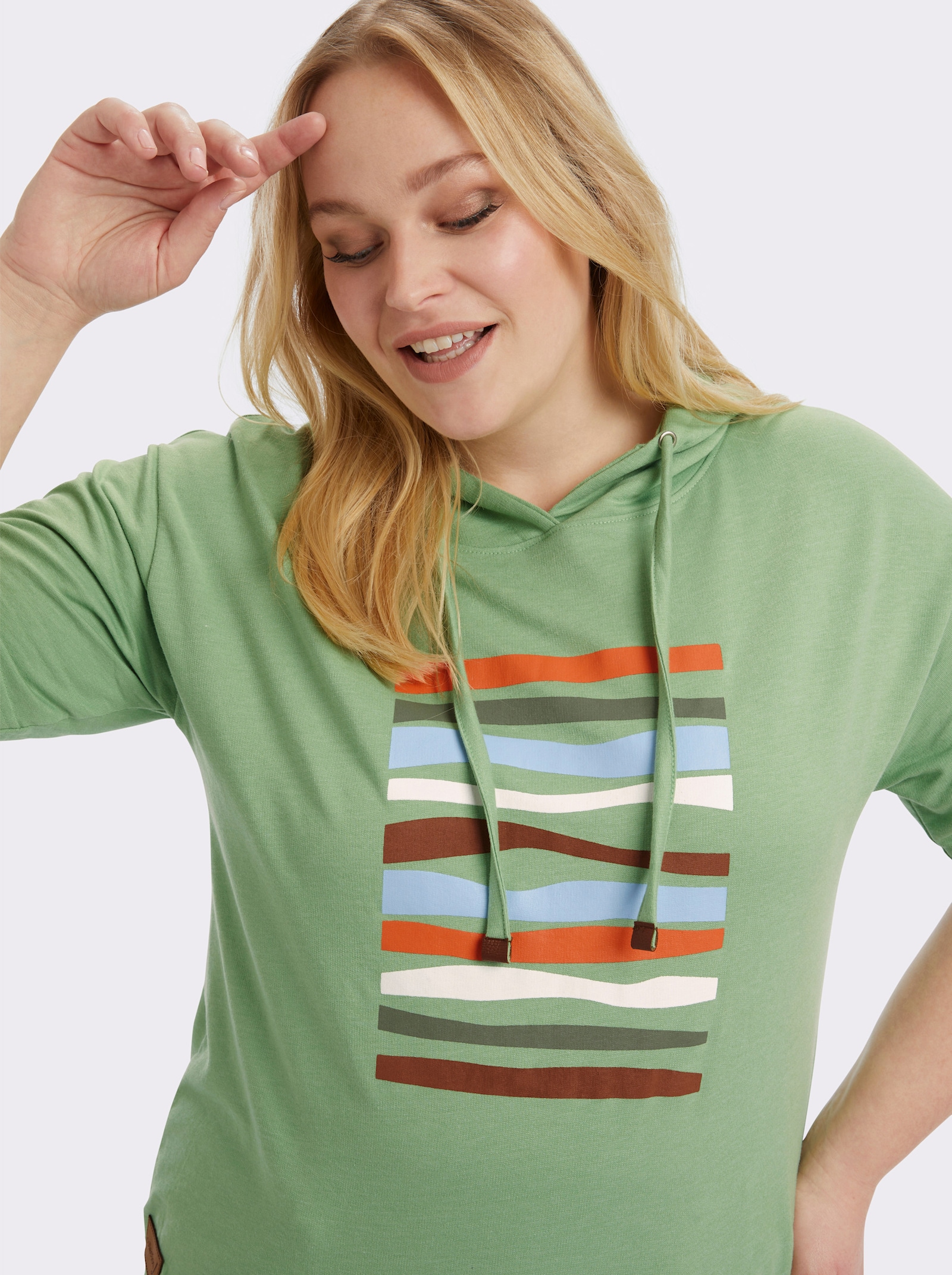 Kapuzensweatshirt mit elastischem Saum - eucalyptus-ecru-bedruckt