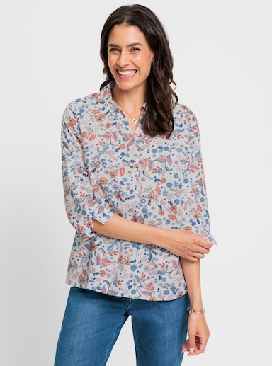 Baumwollbluse zum Schlupfen - weiß-rosenquarz-bedruckt