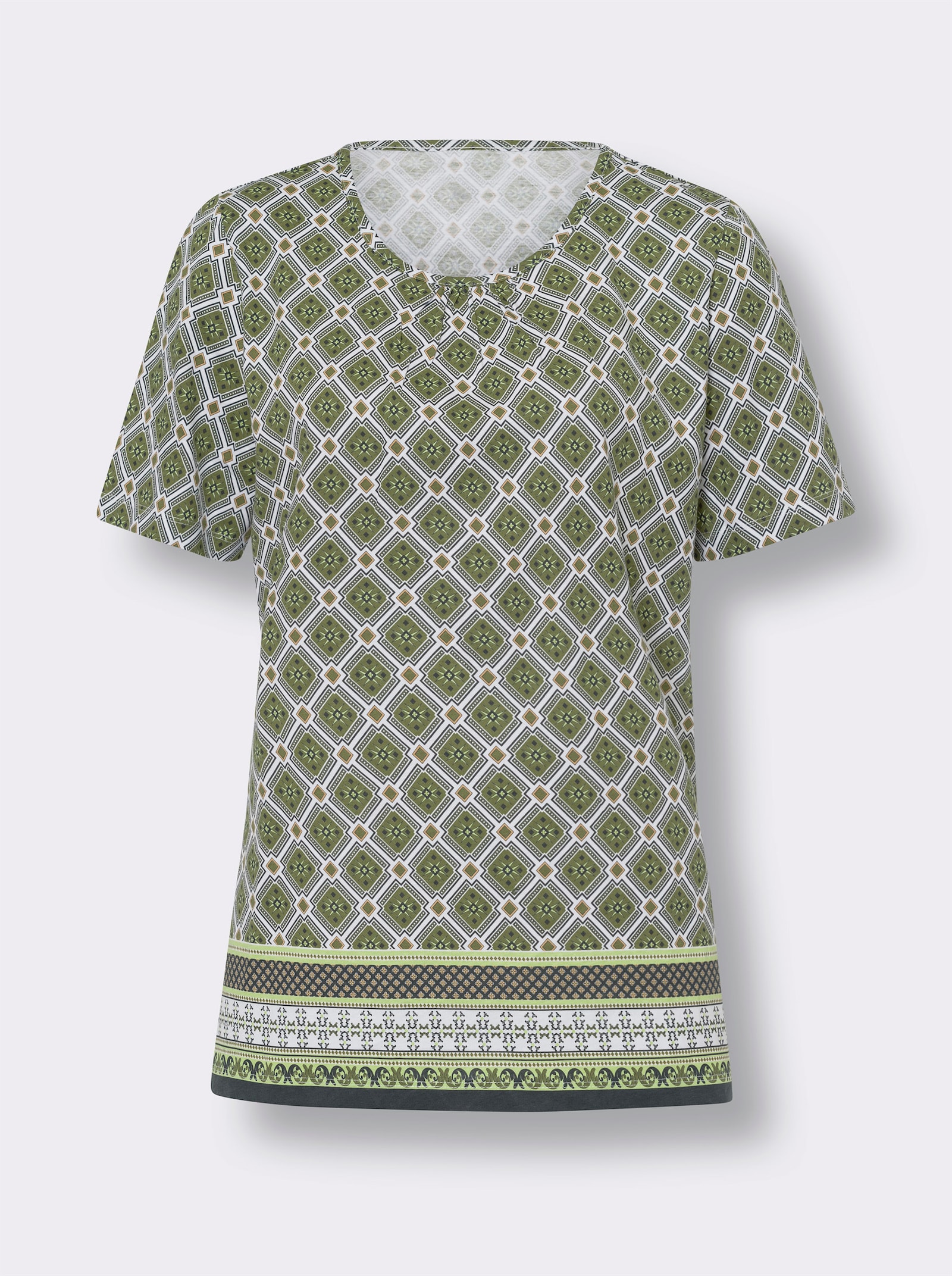 Shirt met korte mouwen en randprint, katoen - olijf/wit gedessineerd