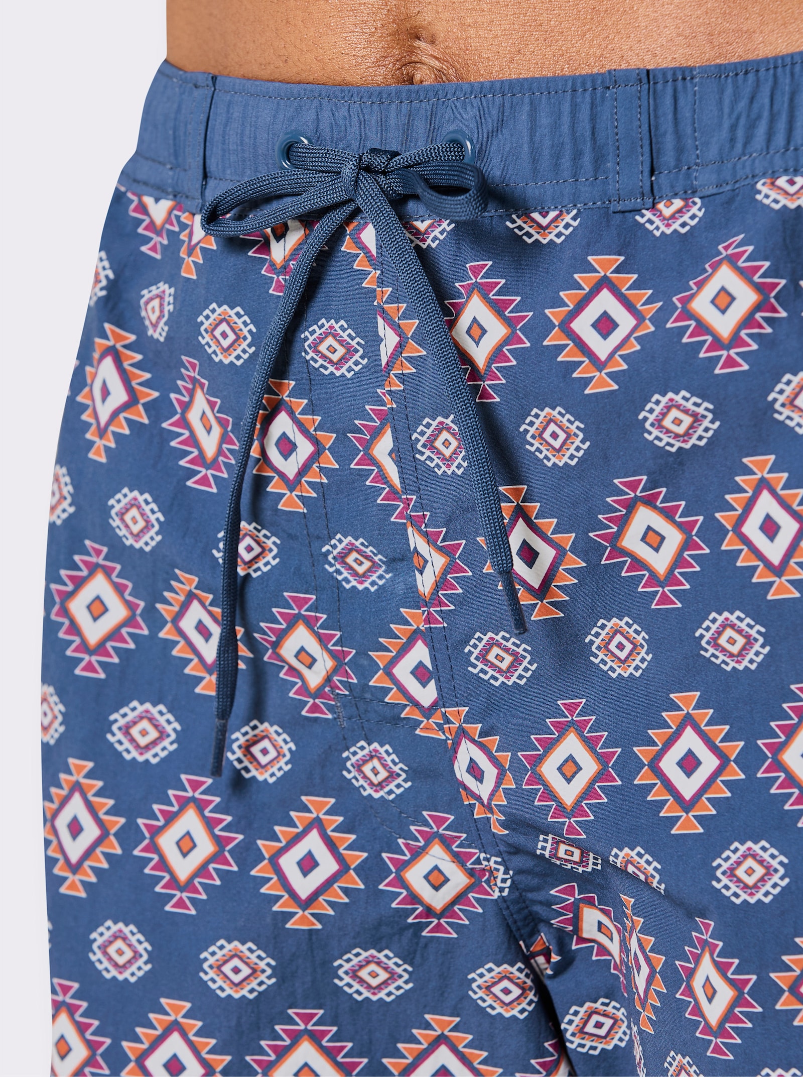 Badeshorts - jeansblau-orange-bedruckt