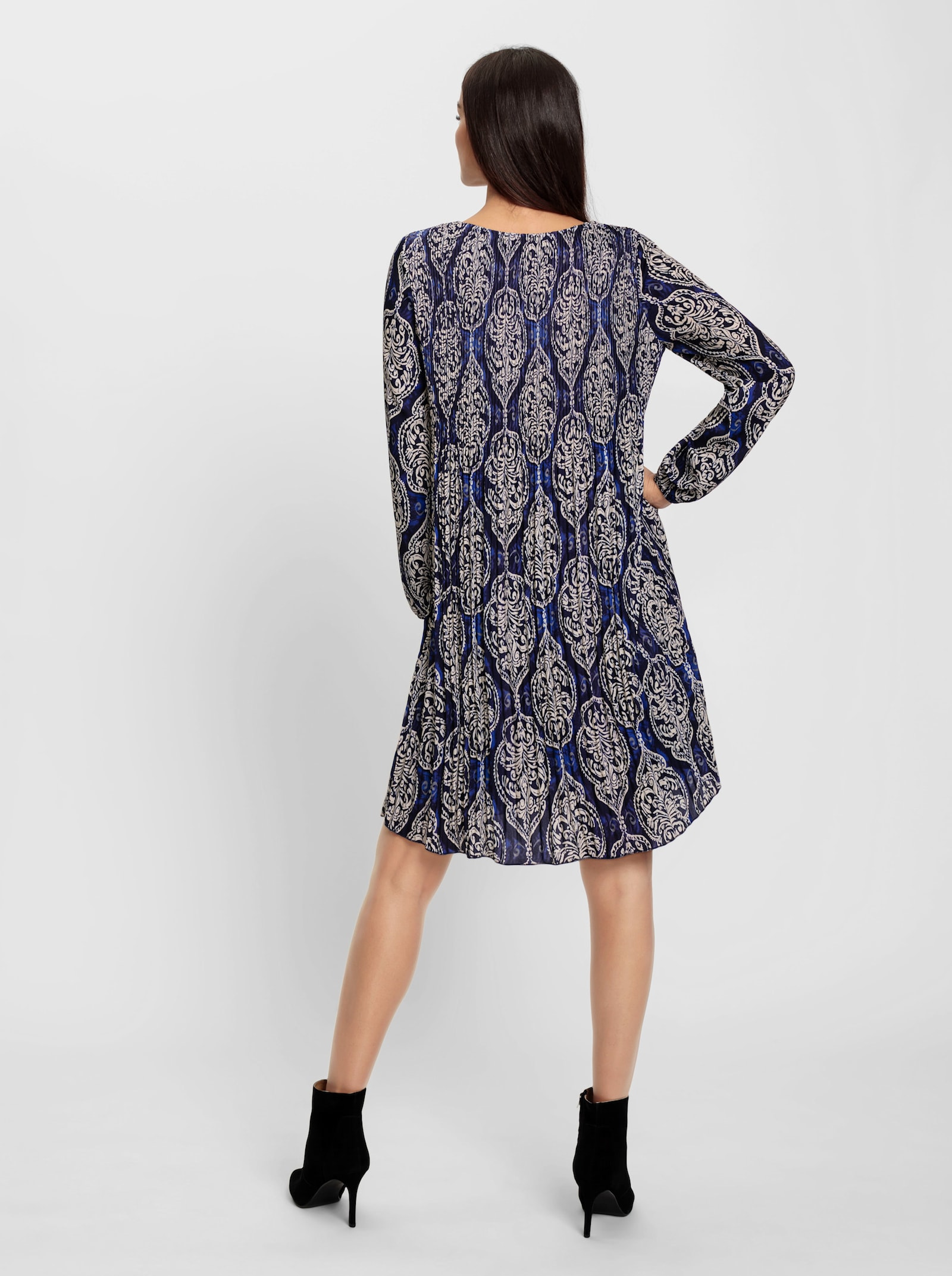 heine Plisséjurk met transparante mouwen - marine/zand bedrukt