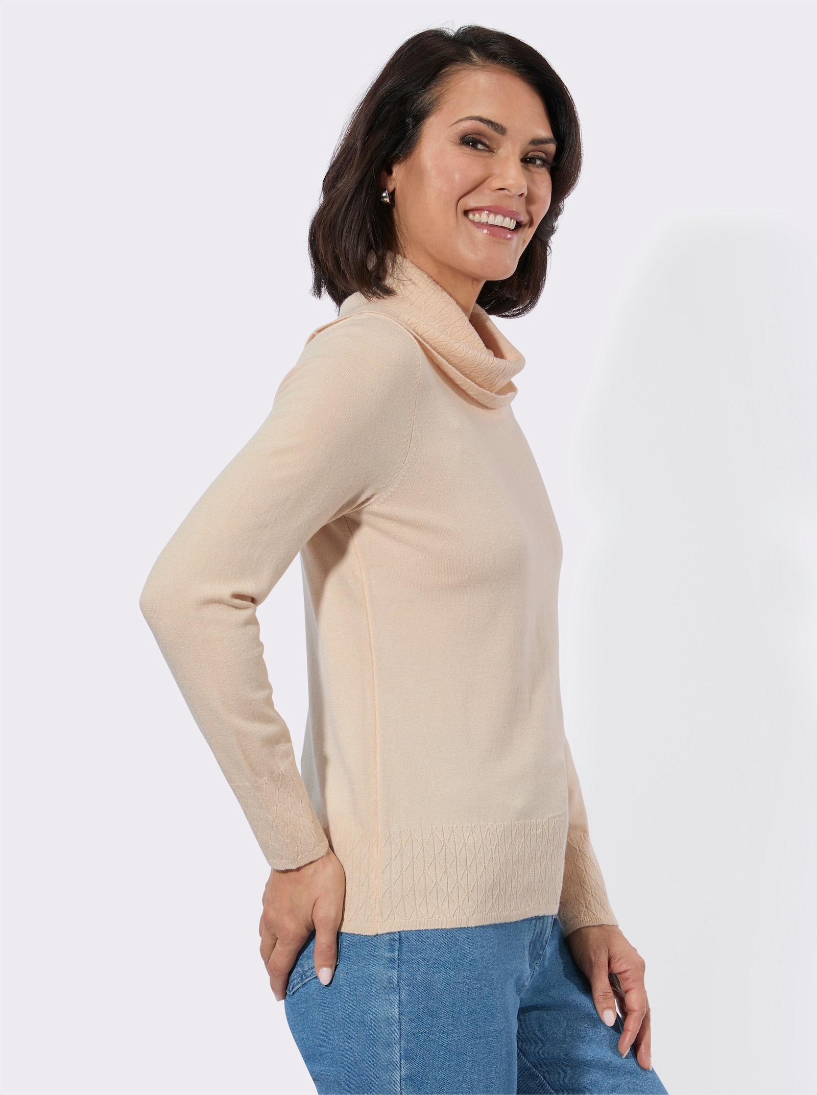 Rollkragenpullover mit Strickmuster rundum - elfenbein