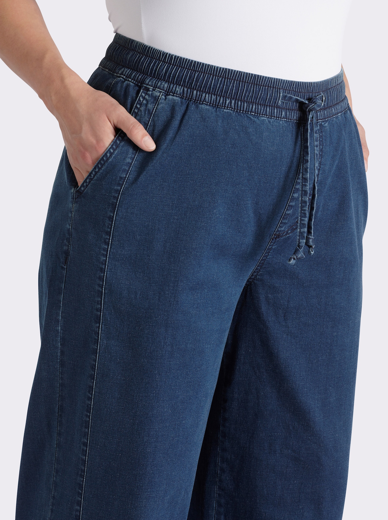 sheego Schlupfjeans mit weitem Bein und Bindeband - blue-stone-washed