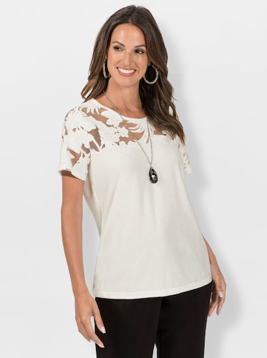 Kurzarmshirt mit floralen Cut-Outs - ecru