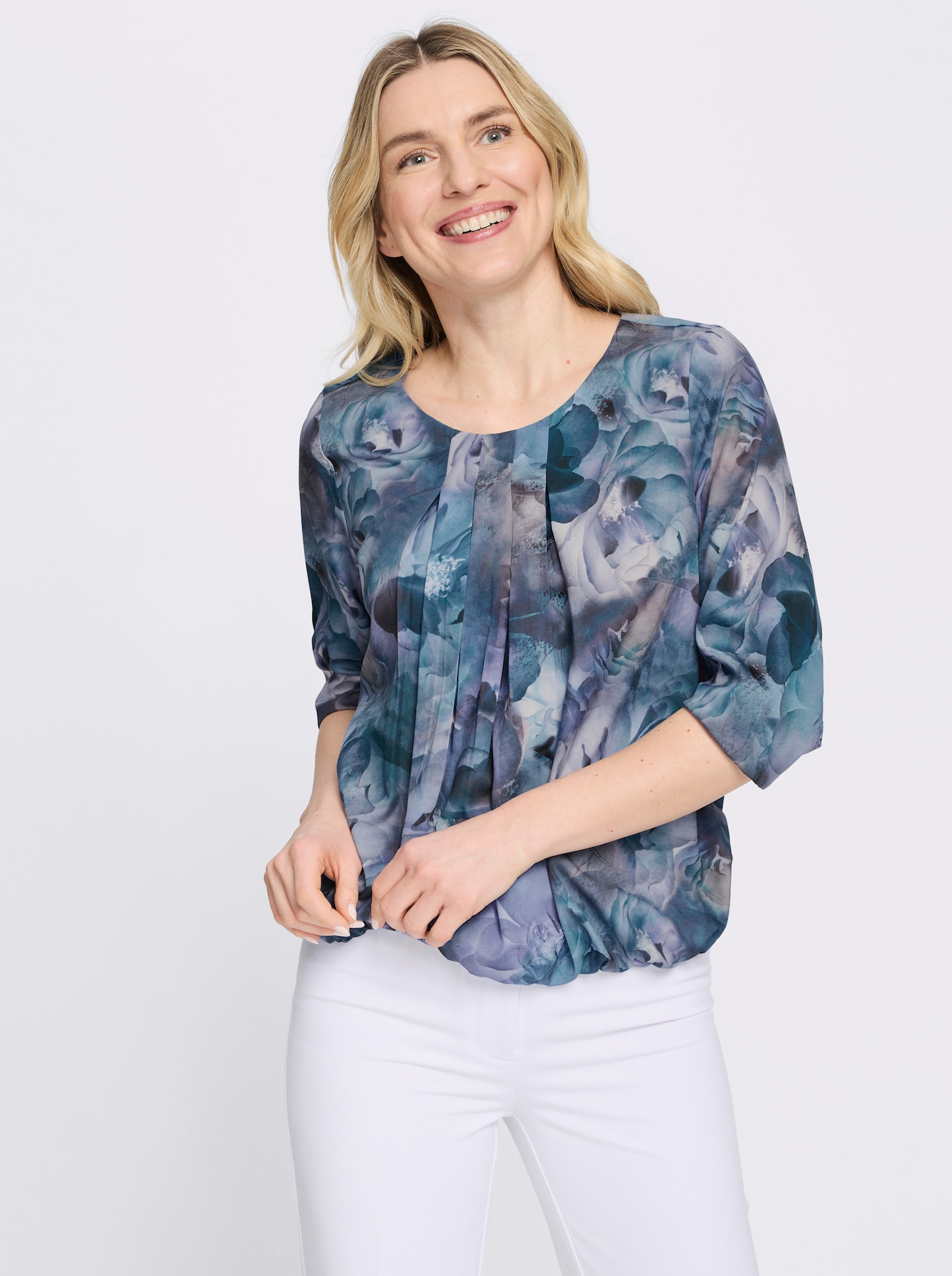 Schlupfbluse mit elastischen Abschlüssen - marine-aquamarin-bedruckt