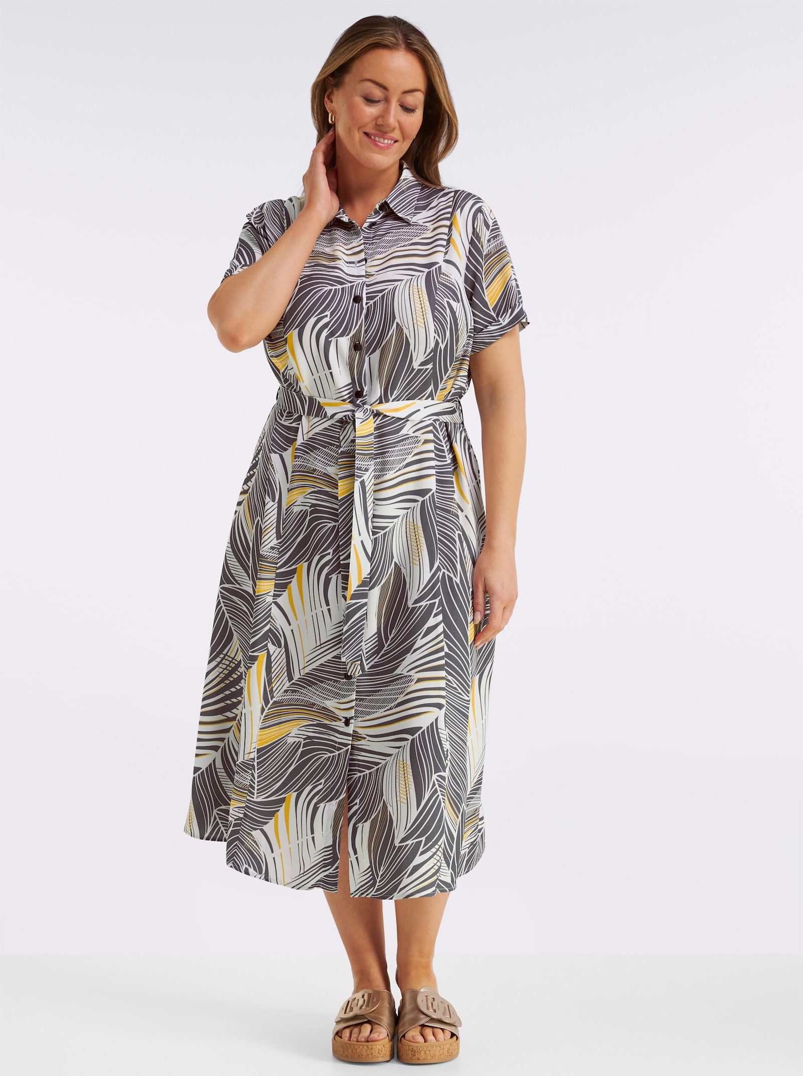 Druckkleid aus reiner, wertiger Viskose - anthrazit-ocker-bedruckt