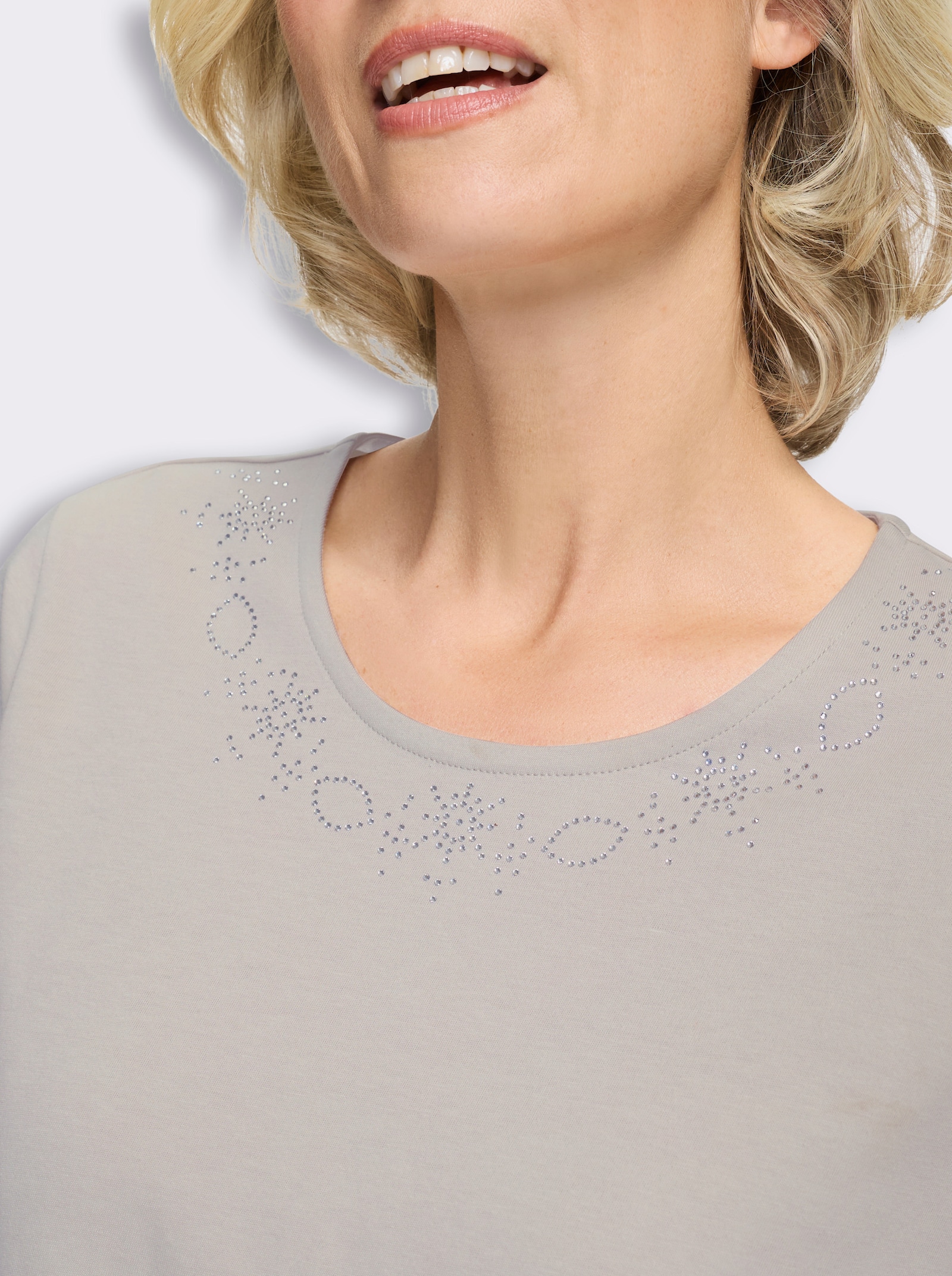 Shirt met korte mouwen, met glittersteentjesapplicatie - lichtgrijs