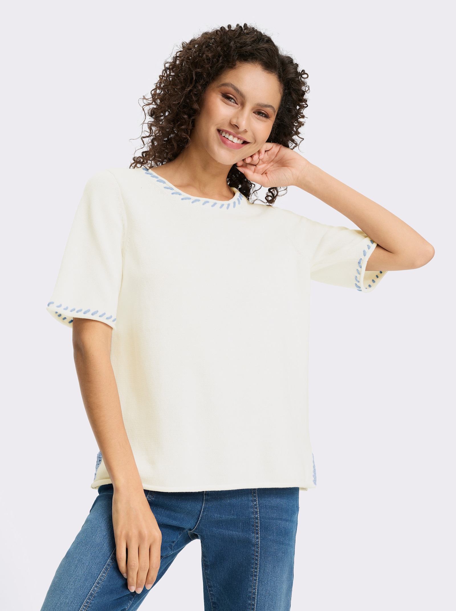 heine Kurzarmpullover mit Seitenschlitzen - weiss-hellblau