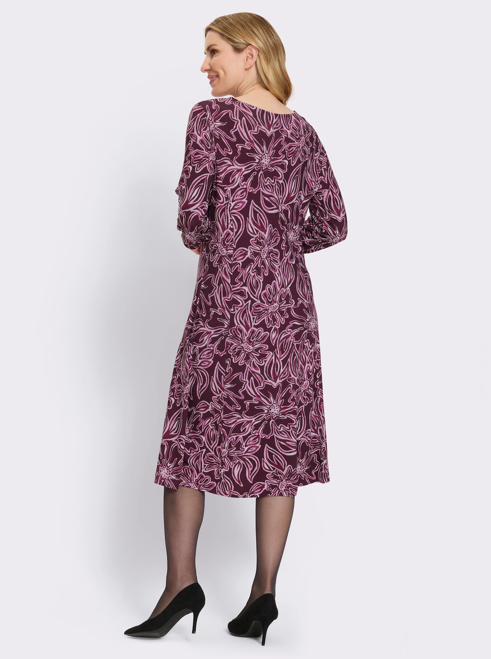 Jerseykleid mit 3/4-Ärmeln - burgund-flieder-bedruckt