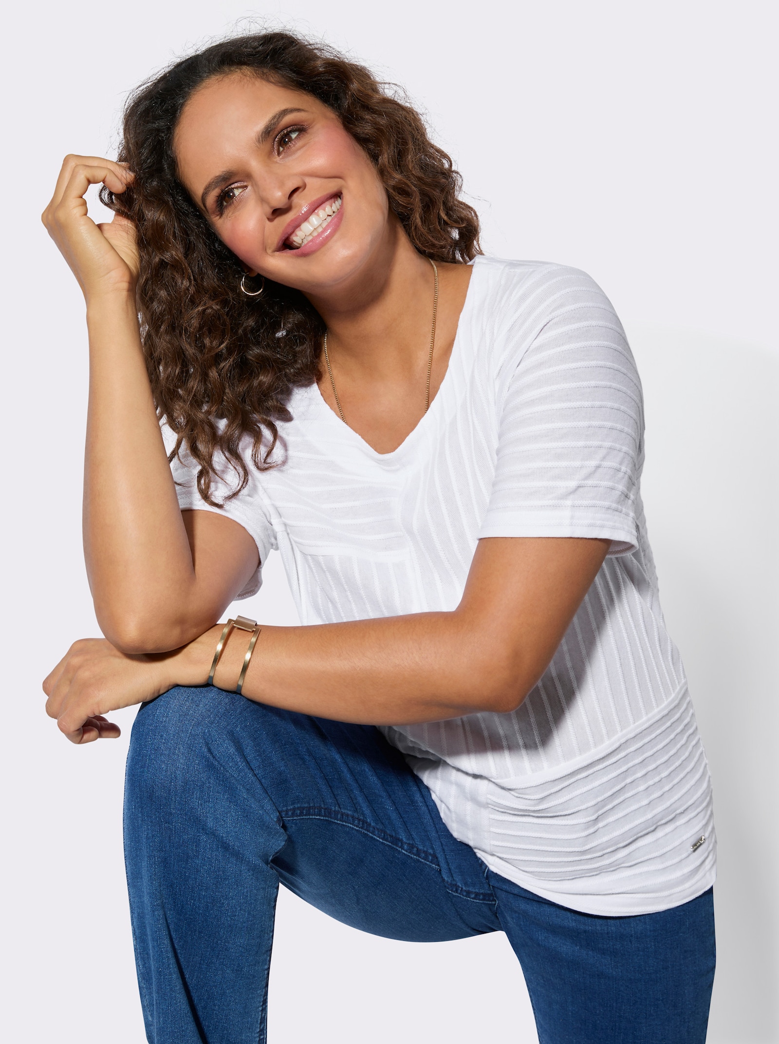 Shirt met korte mouw en structuurstrepen - wit