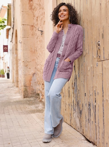 Longstrickjacke mit Zopf-Strickmuster - mauve