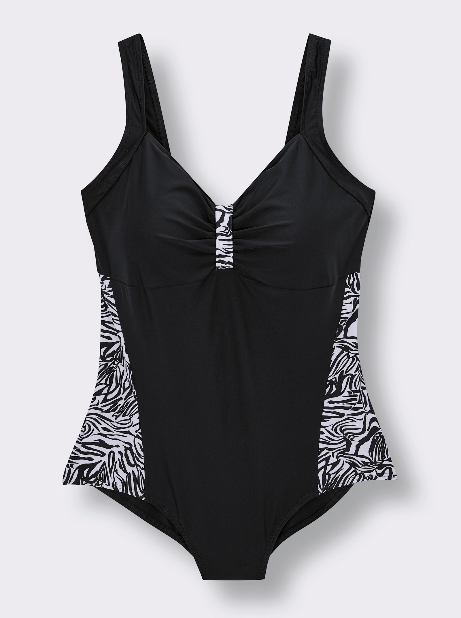 Badeanzug mit Einsätzen im Zebra-Dessin - schwarz-weiß-bedruckt