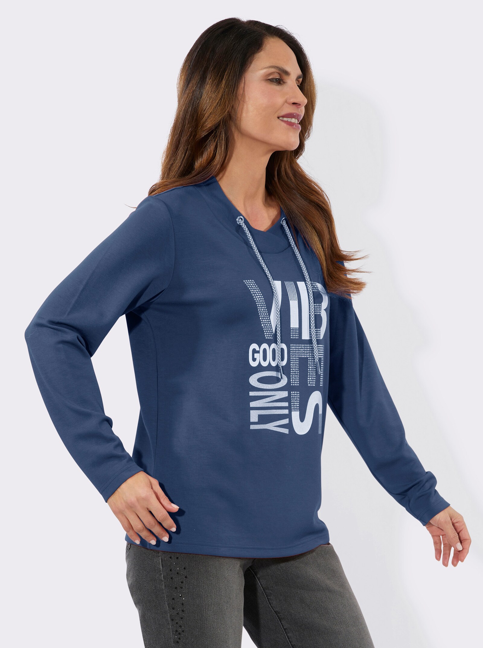 Langarmshirt mit silberfarbigem Print - jeansblau