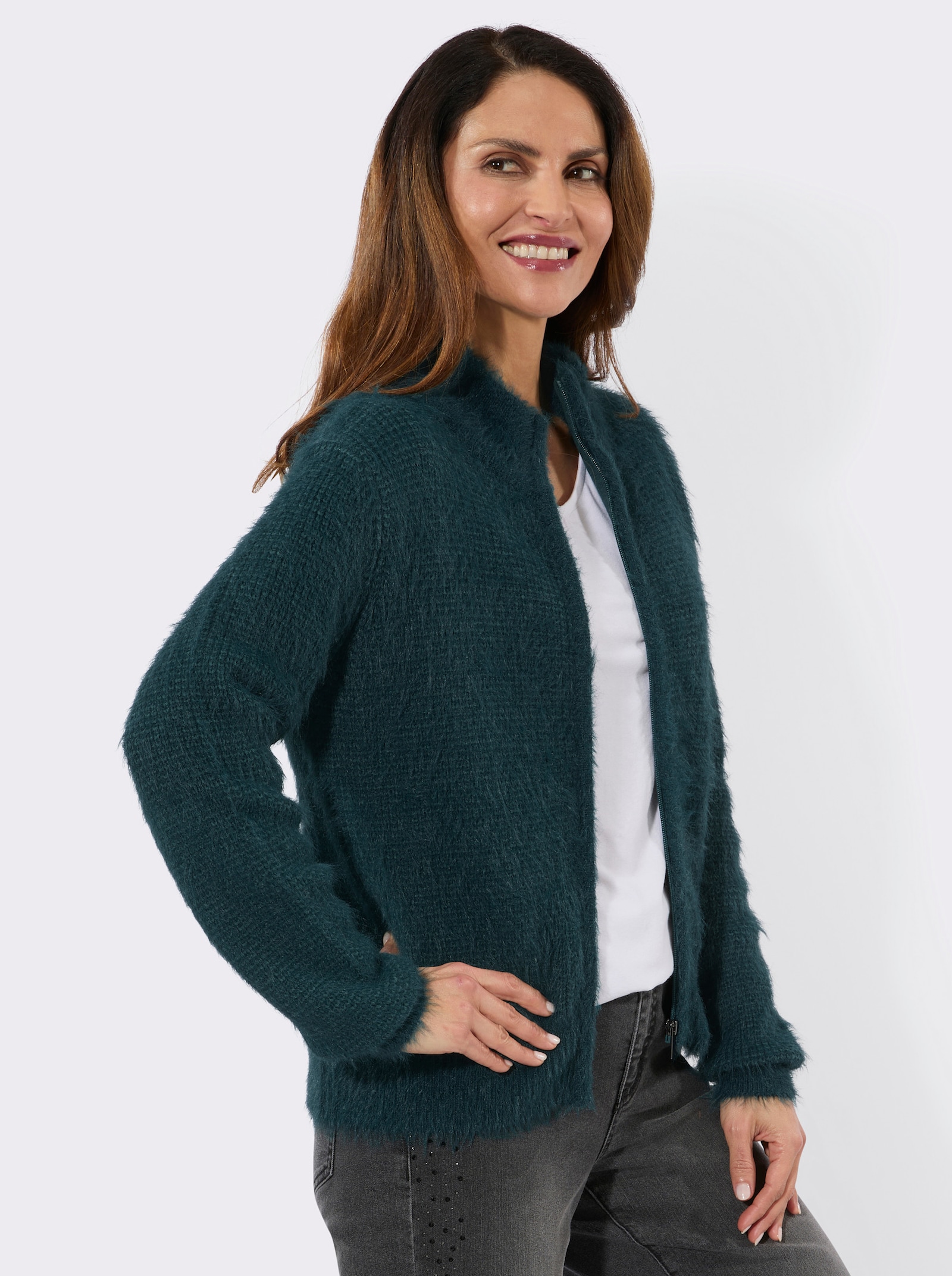 Strickjacke aus Flauschgarn - petrol