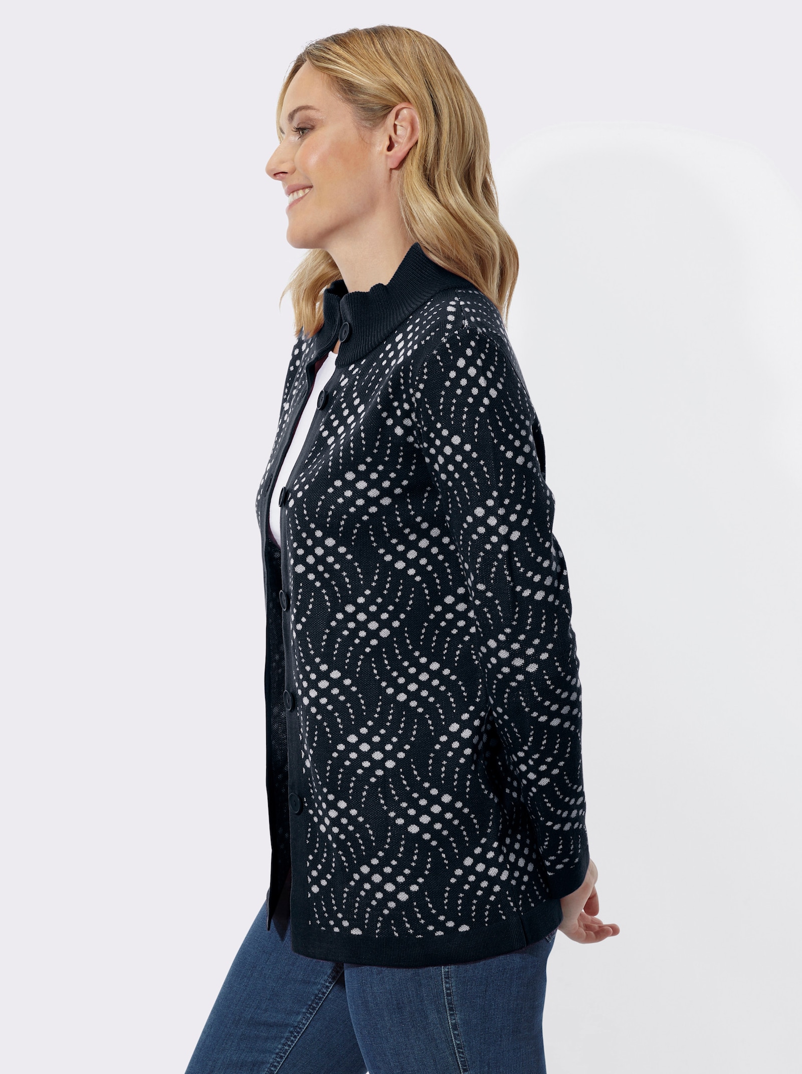 Jacquardstrickjacke mit zweifarbigem Muster - marine-ecru-gemustert