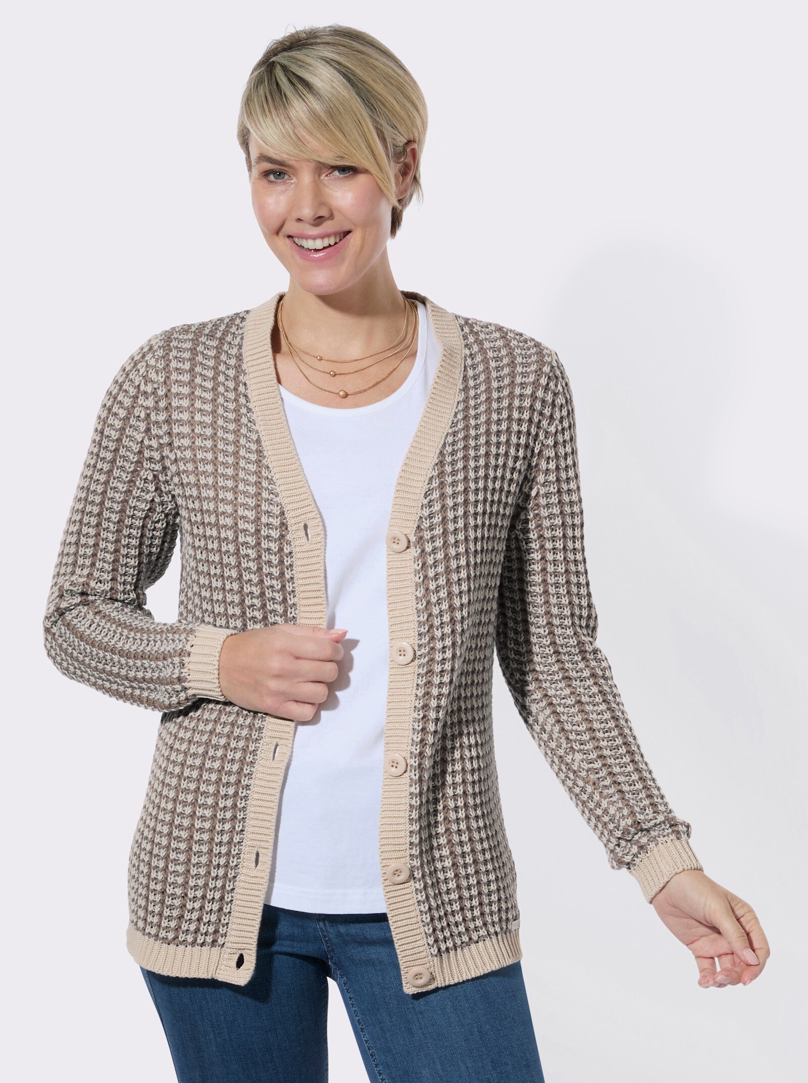 Strickjacke in zweifarbiger Melange-Optik - taupe-sand-gemustert