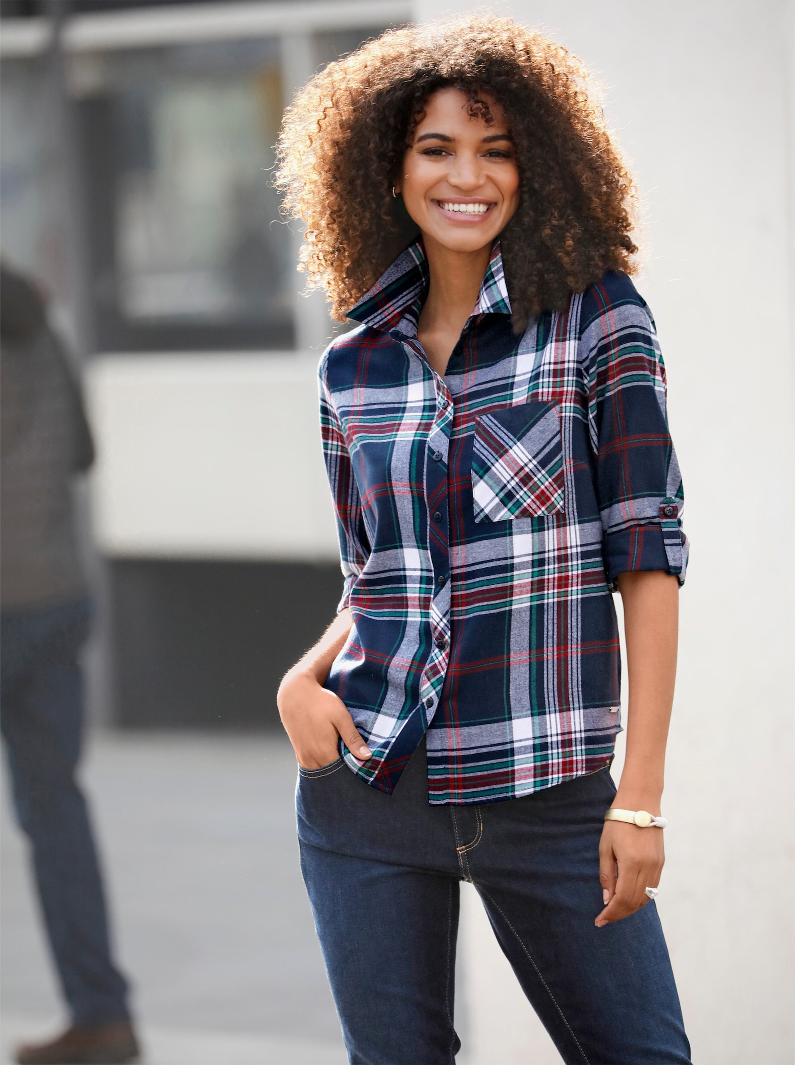 Flanellen blouse met opstroopbare mouwen - marine/kers geruit