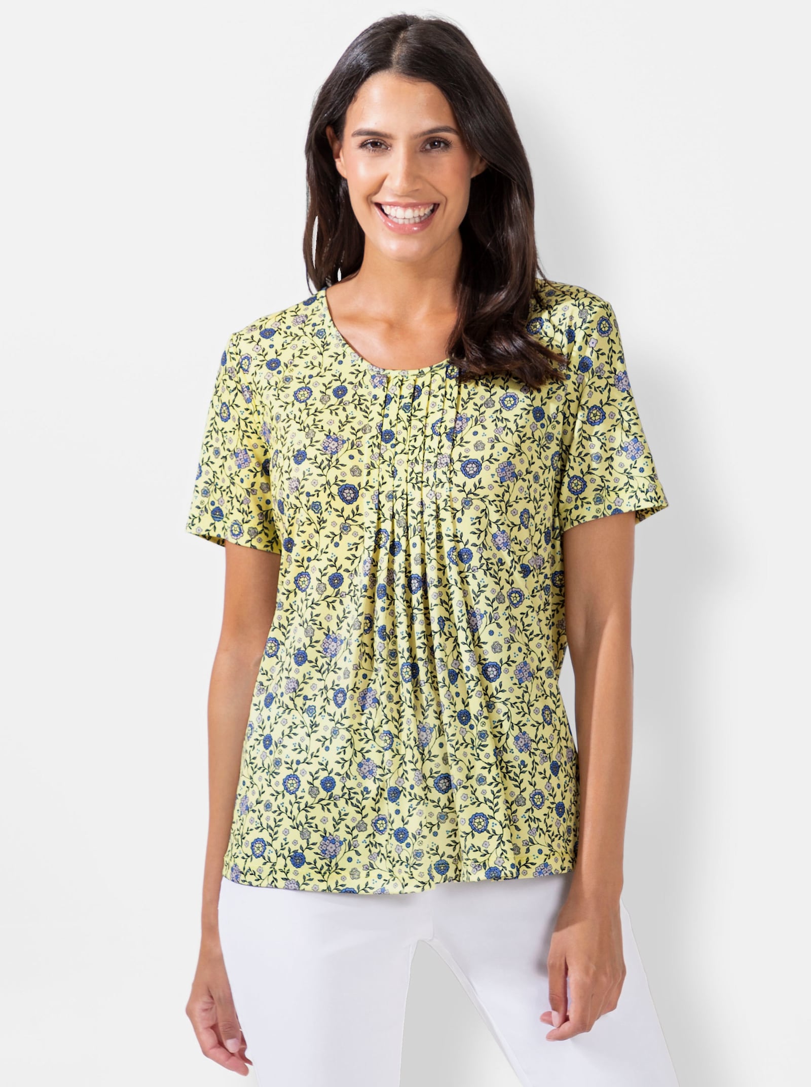 Print-Shirt mit Falte vorne - zitrone-jeansblau-bedruckt